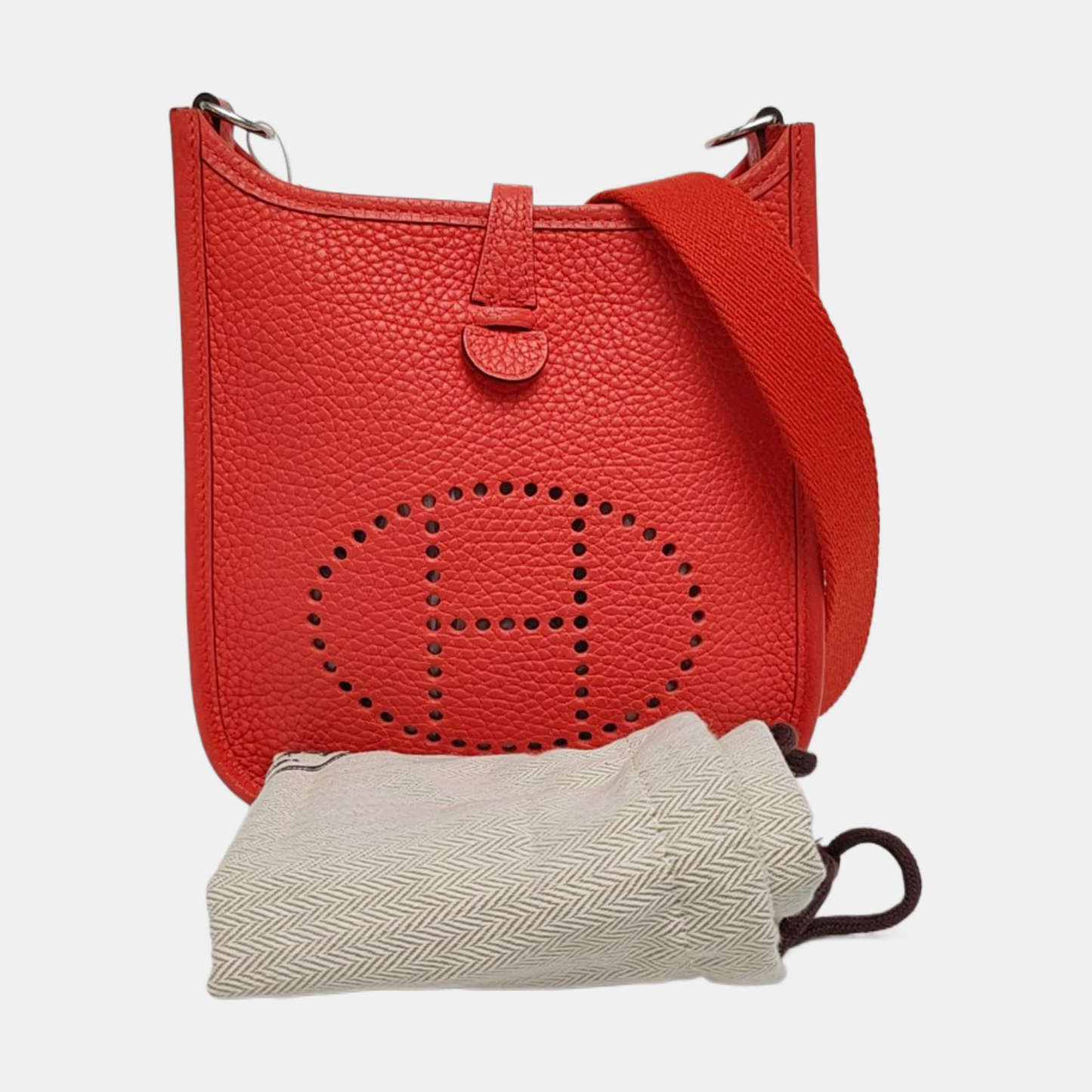 HERMÈS Evelyne TPM Vermilion Clemence Leather Cutout Evelyne Crossbody Shoulder Bag with Removable Strap Gold Hardware C-(SKU)-968761133