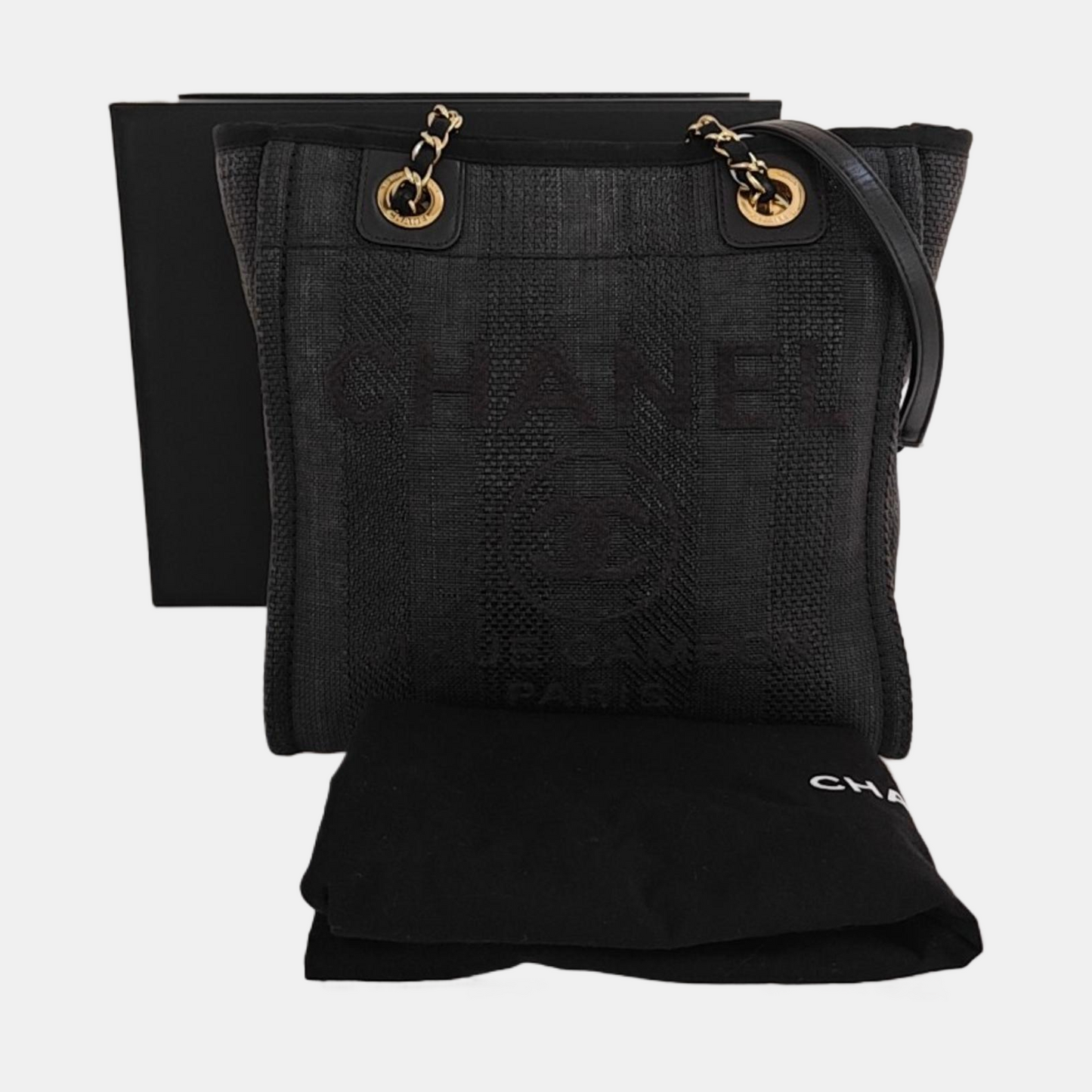 CHANEL DEAUVILLE Black Canvas Single Shoulder Bag Gold Hardware 29 Clasp-(SKU)-970344417
