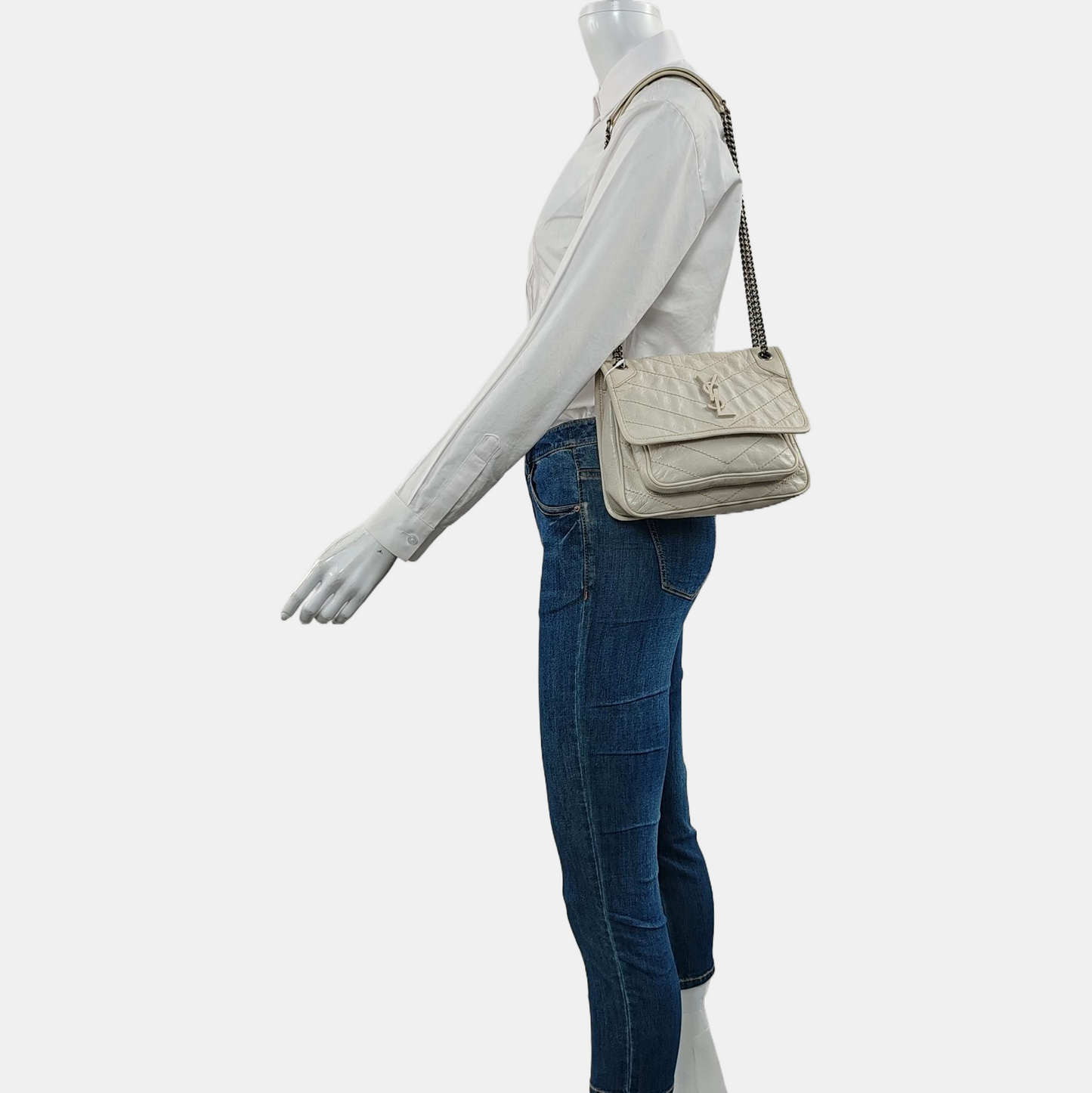 YSL NIKI Small White Calfskin Quilted V-Shape Single Shoulder Bag and Crossbody with White Ruthenium Hardware-(SKU)-970582755