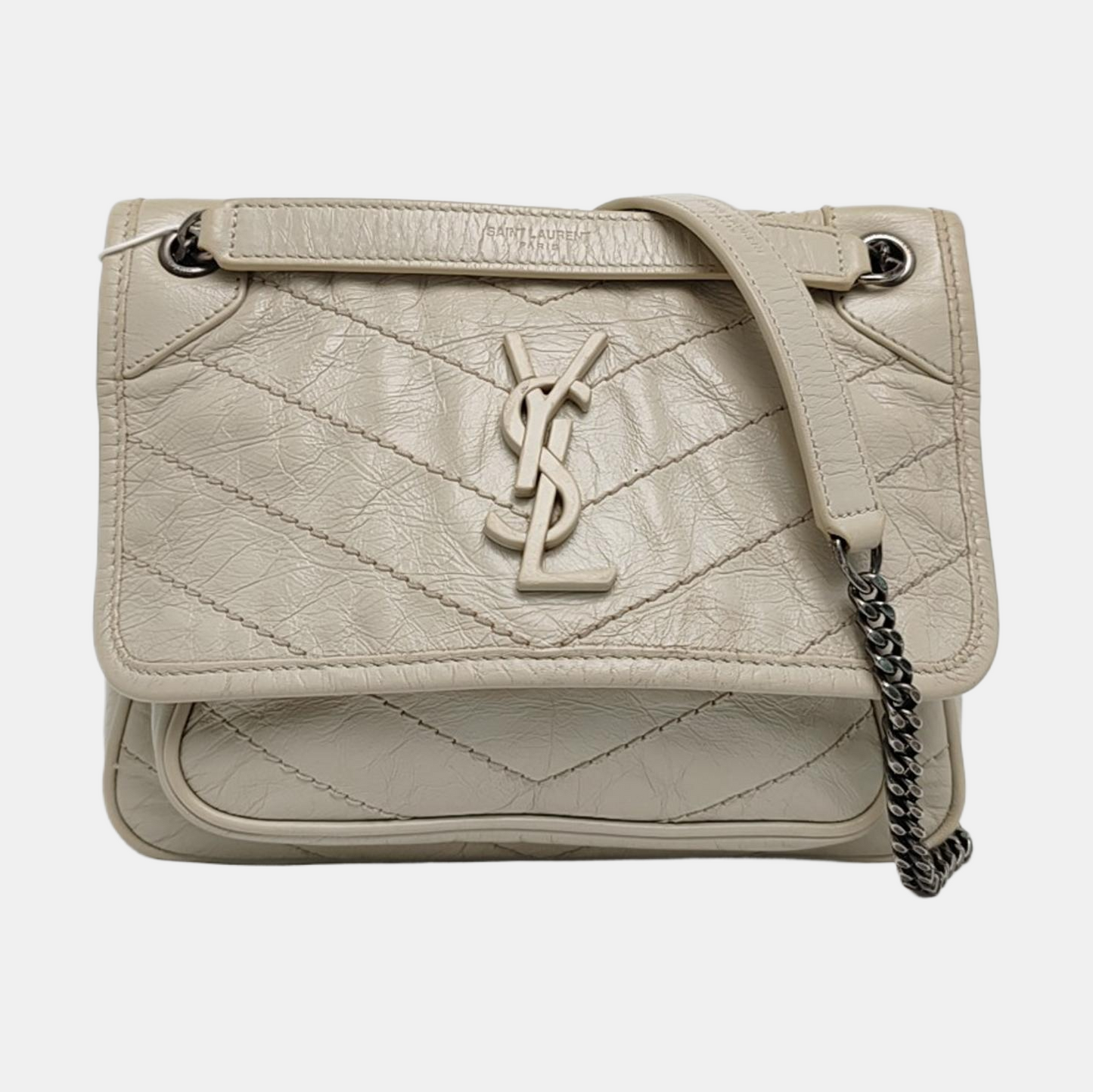 YSL NIKI Small White Calfskin Quilted V-Shape Single Shoulder Bag and Crossbody with White Ruthenium Hardware-(SKU)-970582755