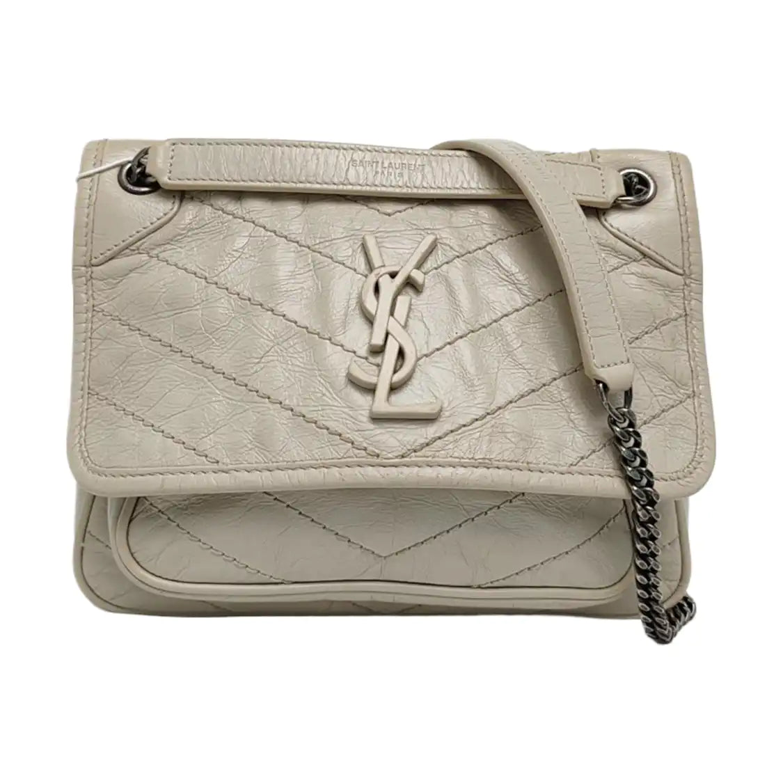 YSL NIKI Small White Calfskin Quilted V-Shape Single Shoulder Bag and Crossbody with White Ruthenium Hardware-(SKU)-970582755