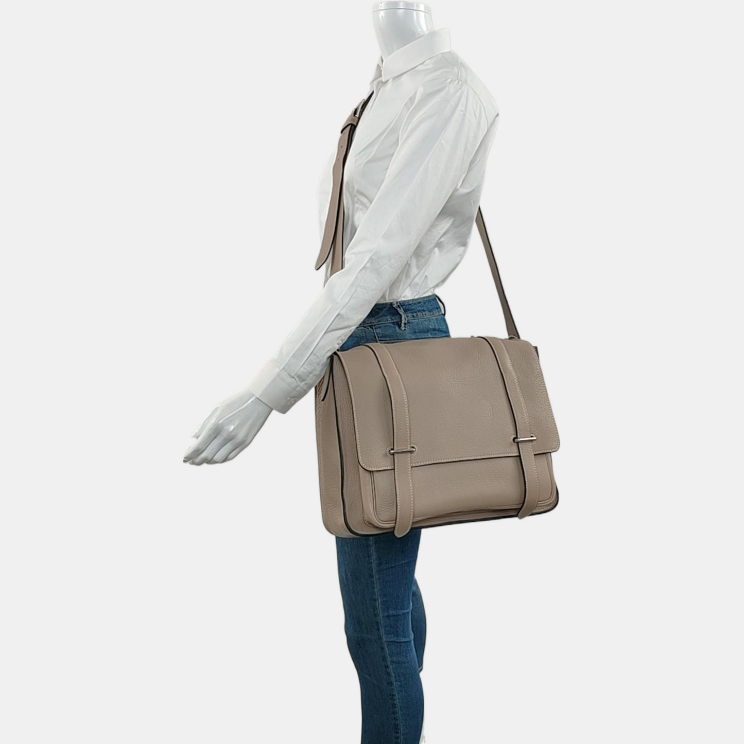 HERMÈS Steve Dove Gray Clemence Calfskin Single Shoulder Bag Crossbody Bag Silver Hardware 🄻-(SKU)-970550032