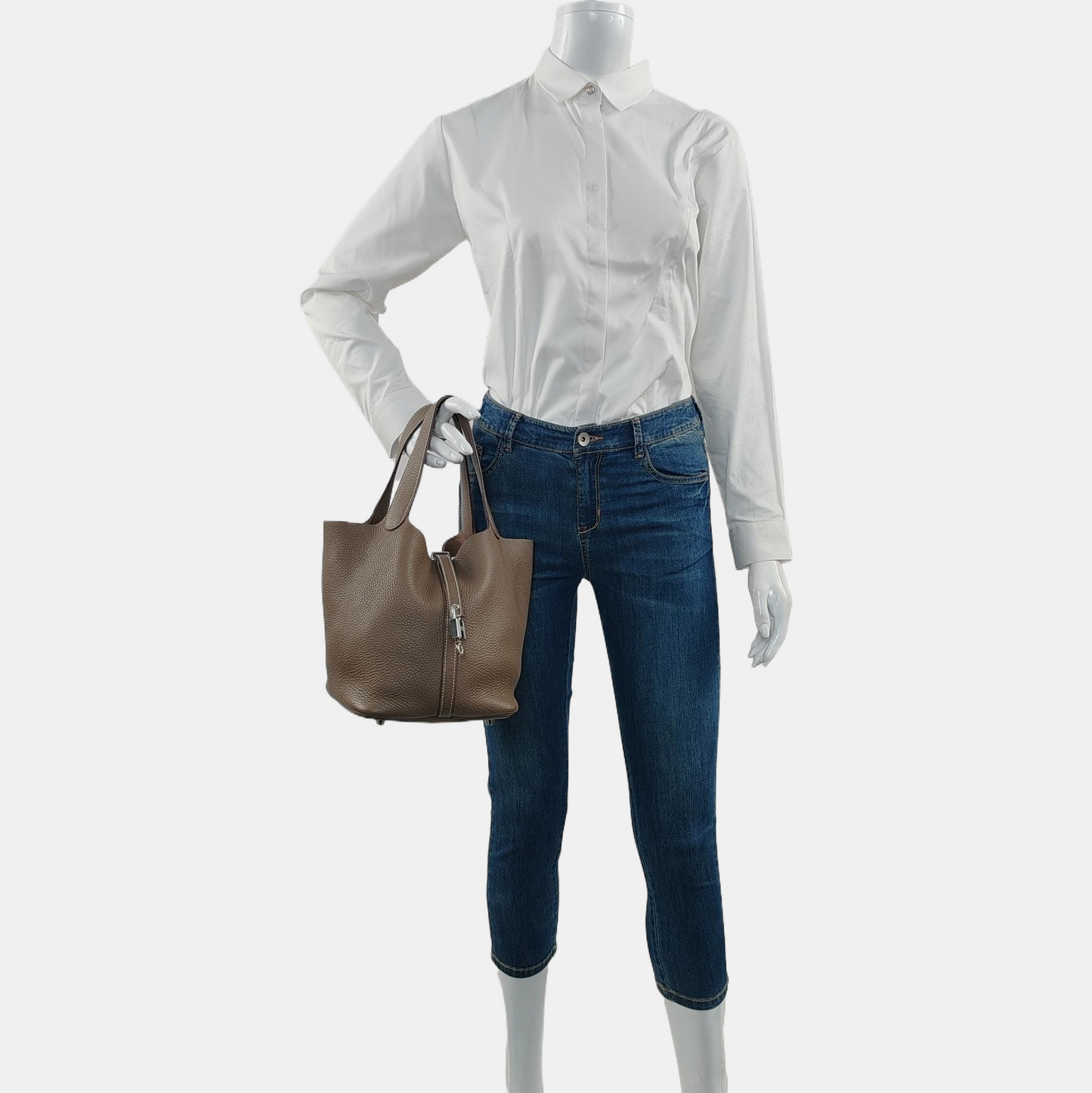 HERMÈS Picotin Lock 22 Elephant Grey Clemence Leather Market Basket Tote Bag with Silver Hardware Z-(SKU)-965324003