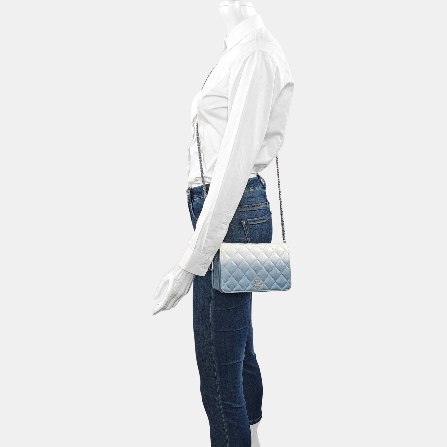 CHANEL WOC Blue Calfskin Patent Leather Chevron Single Shoulder Bag with Shoulder Strap and Silver Hardware-(SKU)-970647926