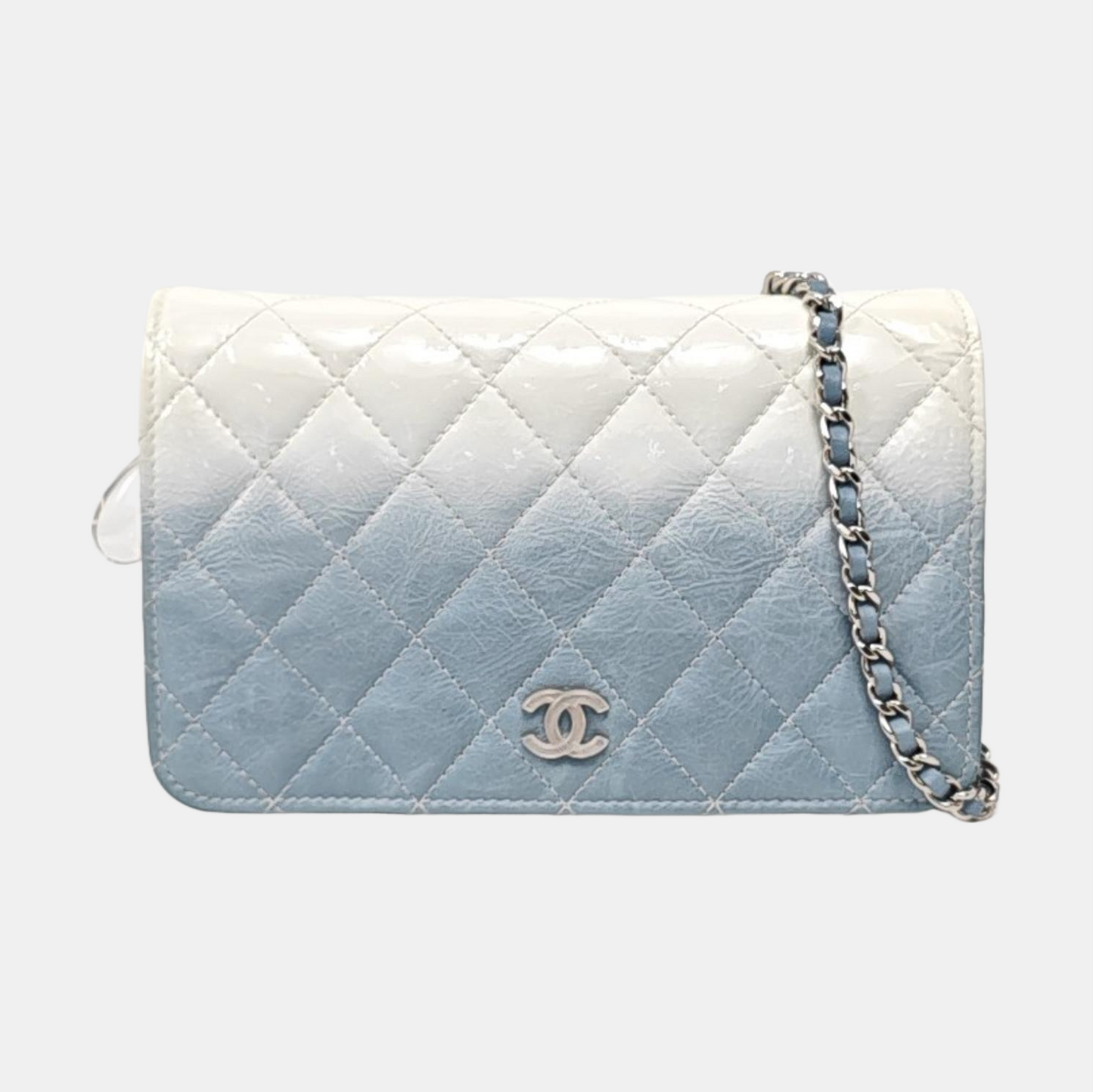 CHANEL WOC Blue Calfskin Patent Leather Chevron Single Shoulder Bag with Shoulder Strap and Silver Hardware-(SKU)-970647926