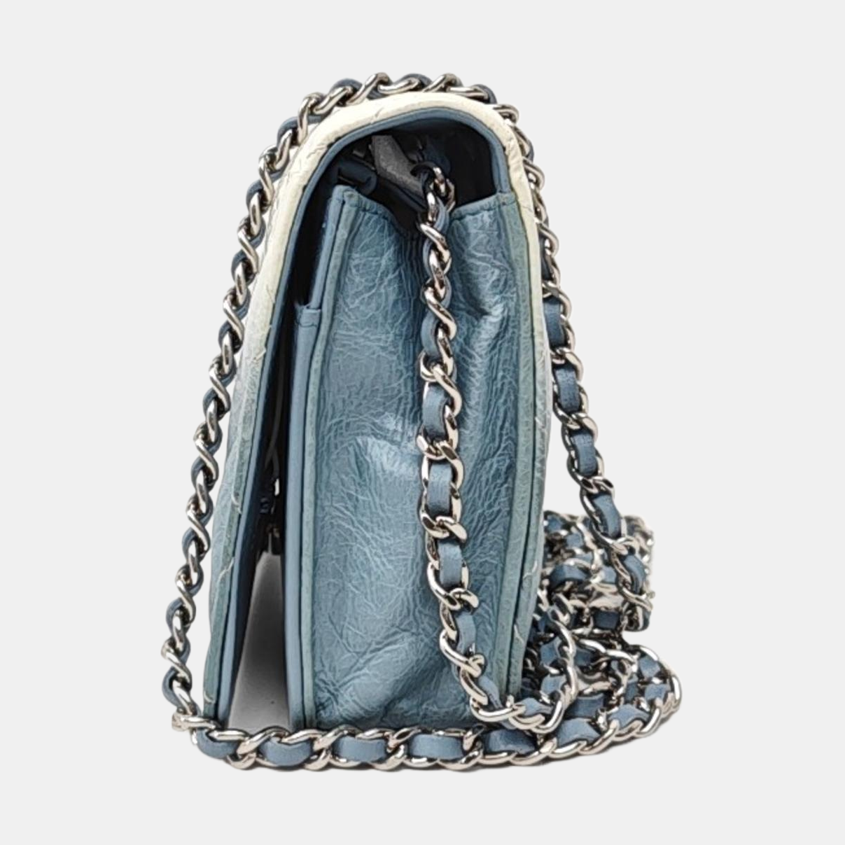 CHANEL WOC Blue Calfskin Patent Leather Chevron Single Shoulder Bag with Shoulder Strap and Silver Hardware-(SKU)-970647926