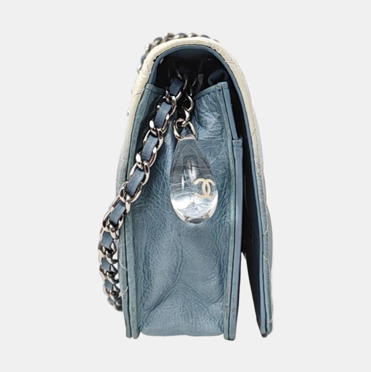 CHANEL WOC Blue Calfskin Patent Leather Chevron Single Shoulder Bag with Shoulder Strap and Silver Hardware-(SKU)-970647926