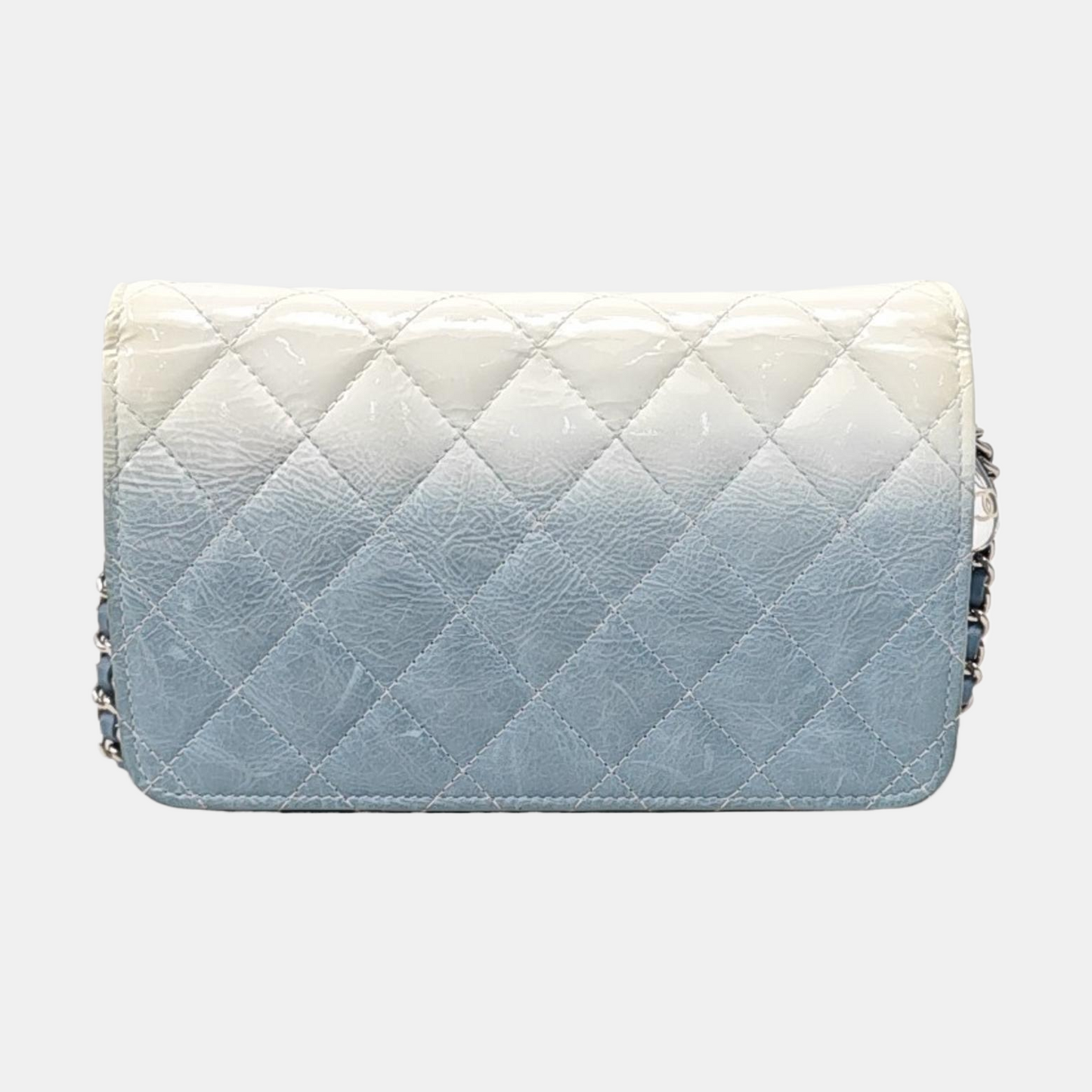 CHANEL WOC Blue Calfskin Patent Leather Chevron Single Shoulder Bag with Shoulder Strap and Silver Hardware-(SKU)-970647926