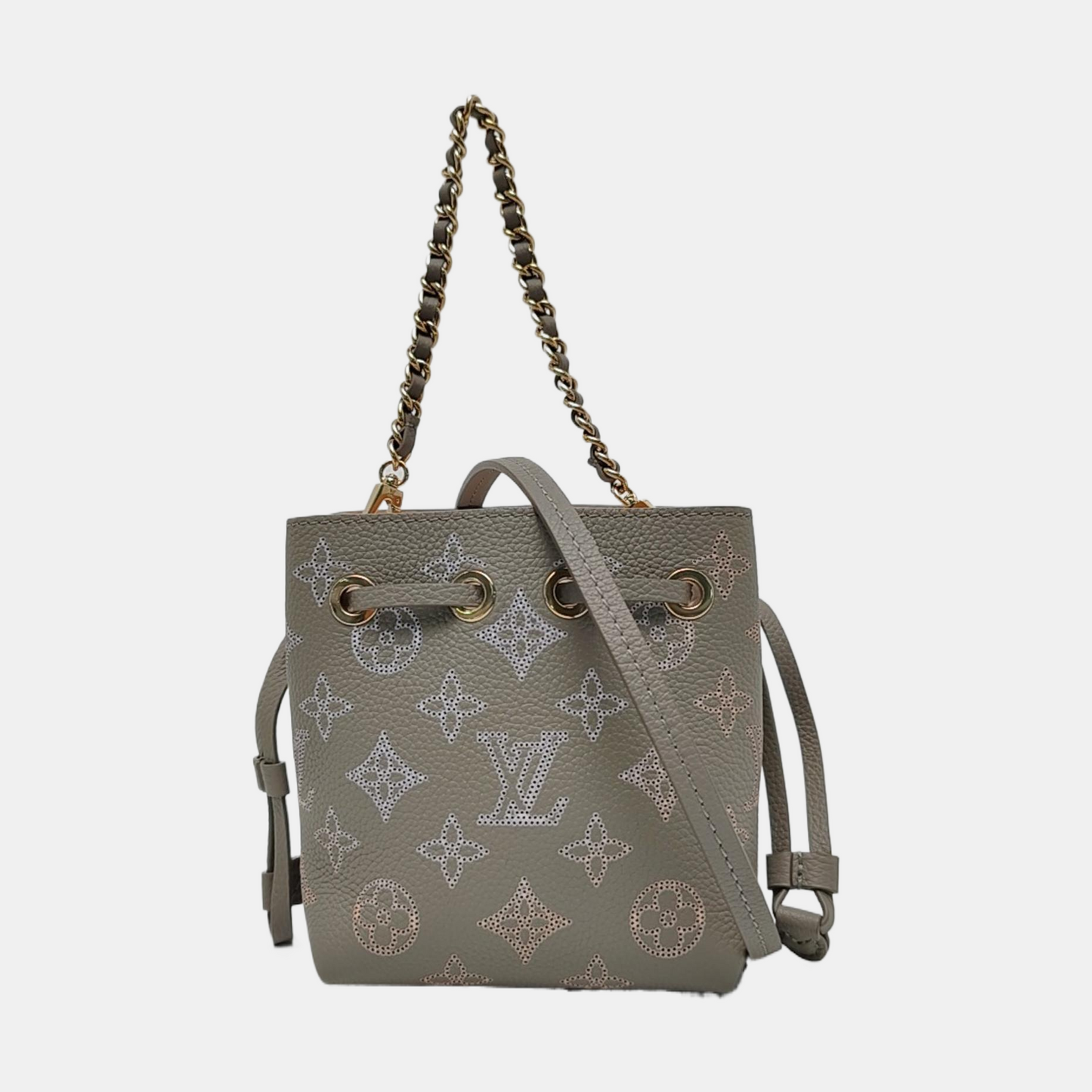 LOUIS VUITTON BELLA Gray Leather Monogram Cutout Shoulder Bag Tote Crossbody with 2 Removable Shoulder Straps Gold Hardware-(SKU)-970889113