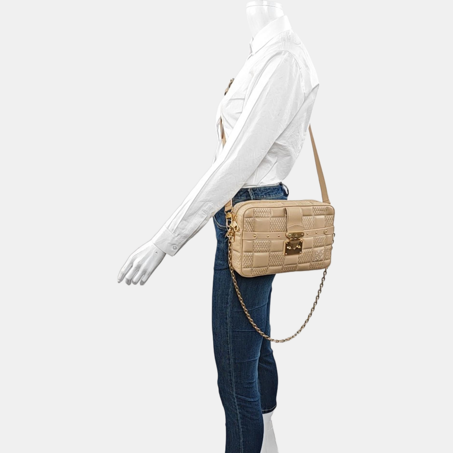 LOUIS VUITTON TROCA Medium size khaki leather stud camera bag crossbody bag shoulder bag handbag golden hardware 2 detachable shoulder straps-(SKU)-971017692