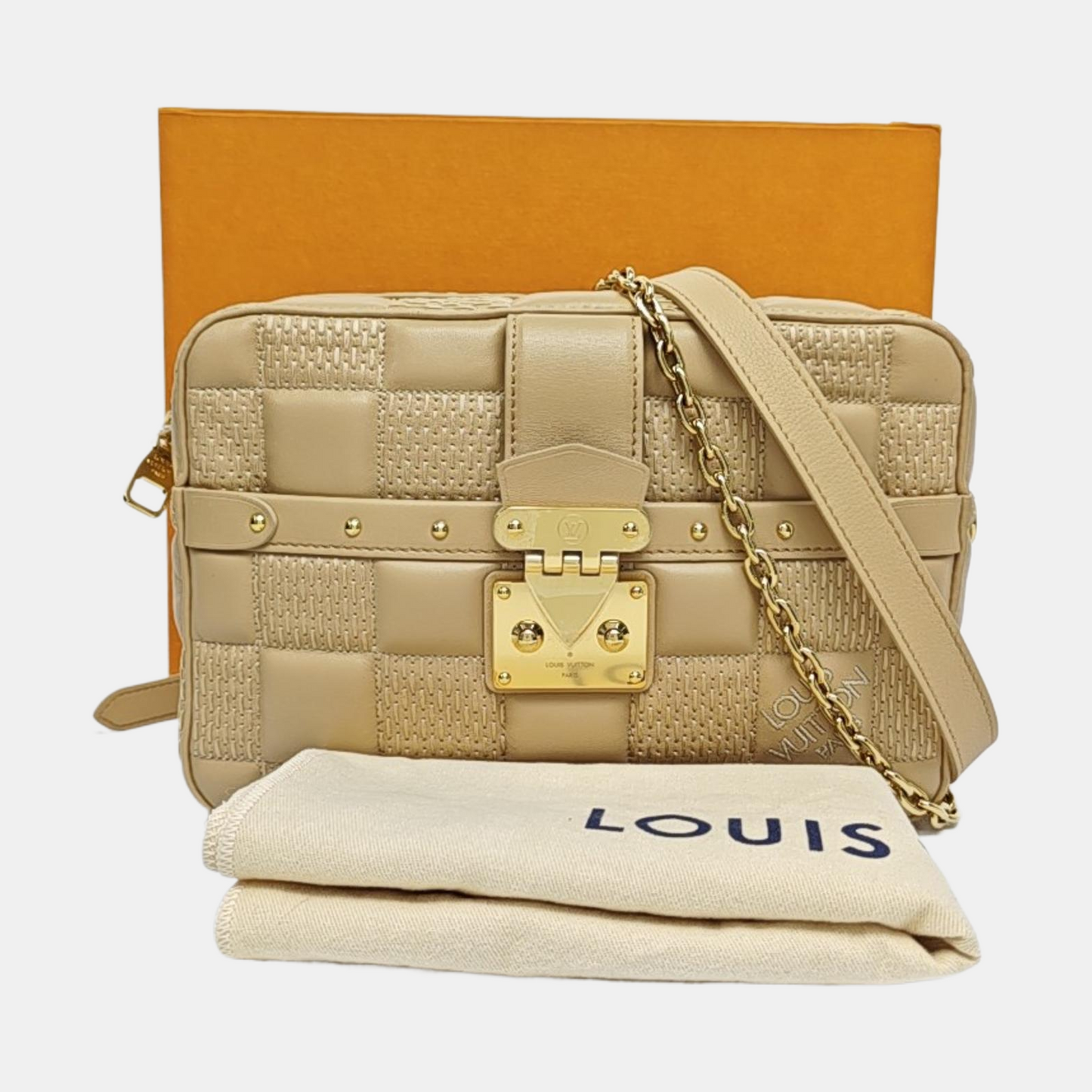 LOUIS VUITTON TROCA Medium size khaki leather stud camera bag crossbody bag shoulder bag handbag golden hardware 2 detachable shoulder straps-(SKU)-971017692