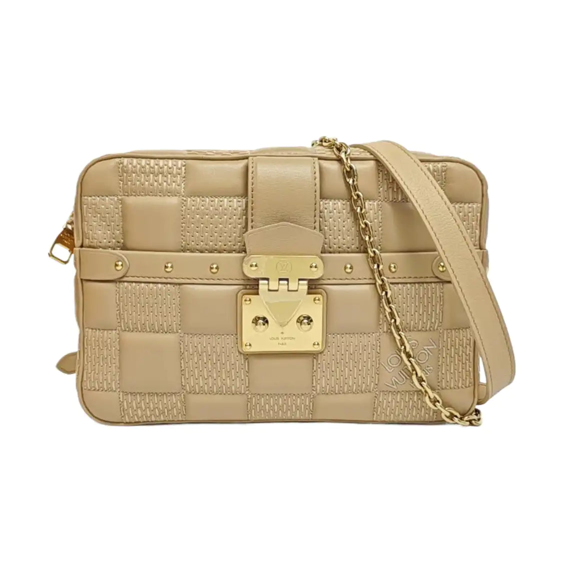 LOUIS VUITTON TROCA Medium size khaki leather stud camera bag crossbody bag shoulder bag handbag golden hardware 2 detachable shoulder straps-(SKU)-971017692