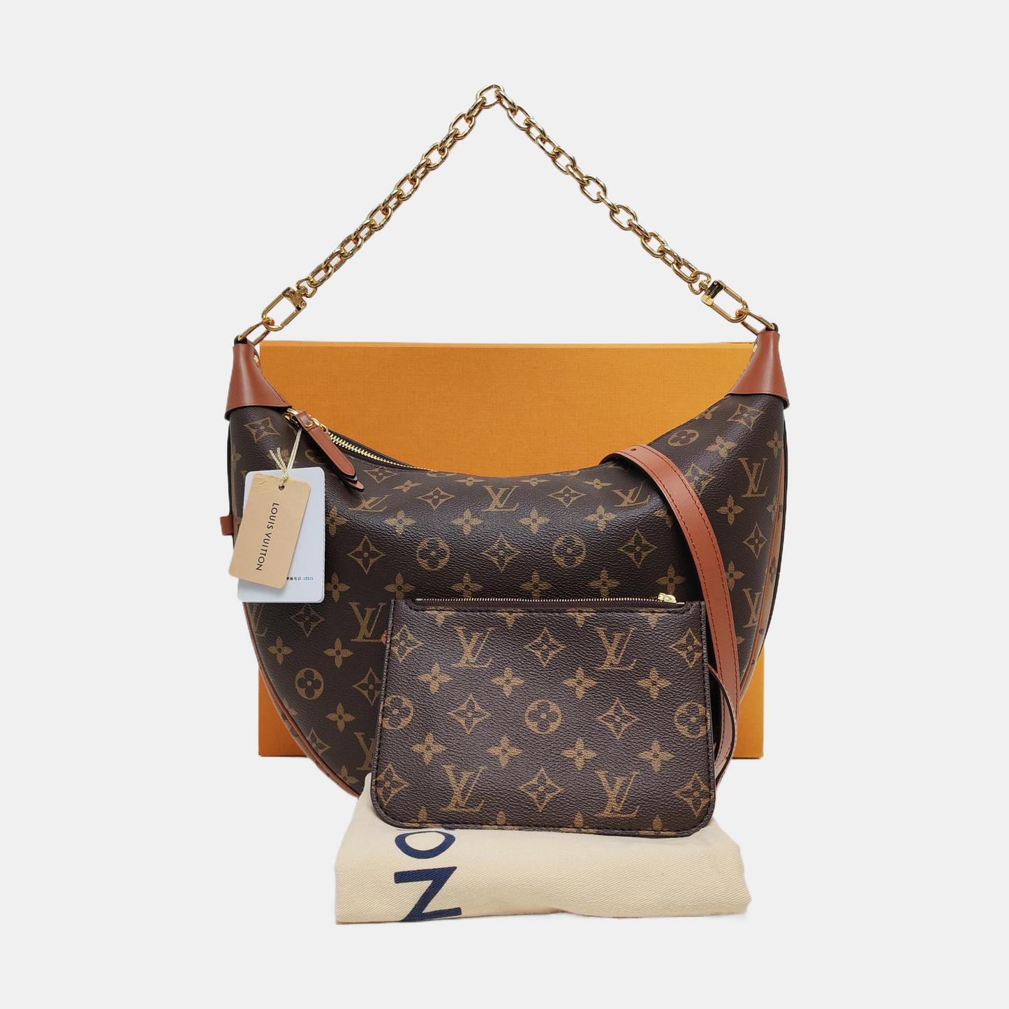 LOUIS VUITTON LOOP HOBO Brown Coated Canvas Monogram Shoulder Bag Tote Bag Crossbody Bag Golden Hardware Sub-bag 2 Removable Shoulder Straps Accessories Included-(SKU)-971024648