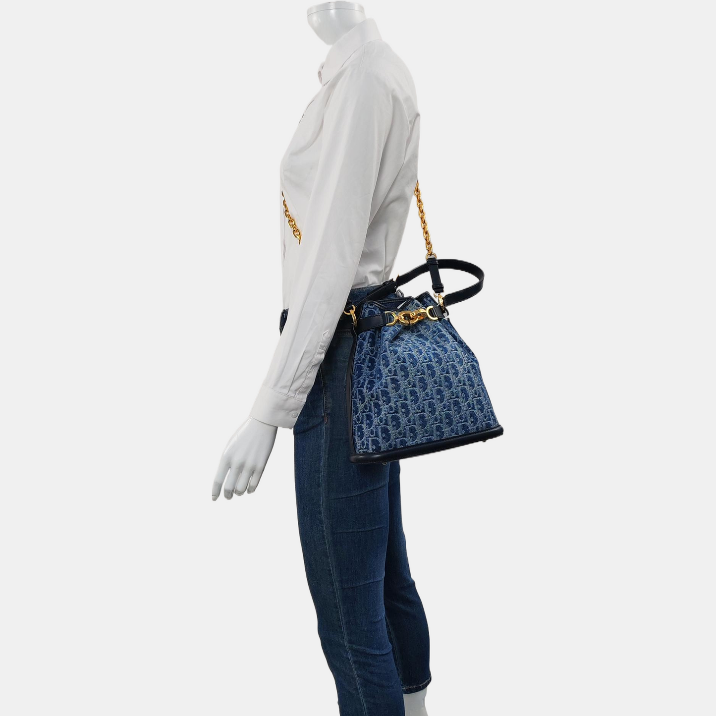 DIOR C'Est Dior Medium Blue Denim Monogram Crossbody Shoulder Bag with Detachable Strap and Golden Hardware, 2 Straps-(SKU)-971136848