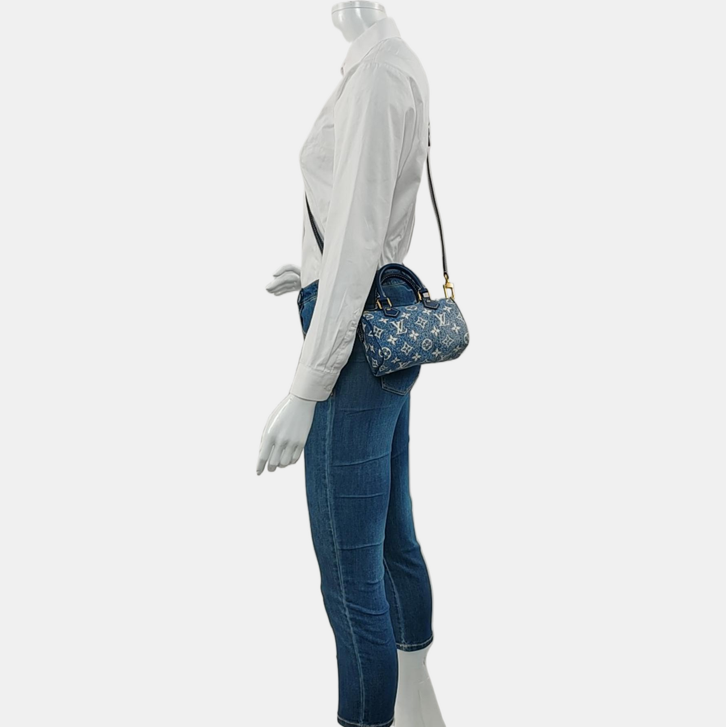 LOUIS VUITTON SPEEDY Nano Deep Blue Denim Monogram Boston Bag Shoulder Bag Tote Bag Crossbody Bag Gold Hardware Removable Strap-(SKU)-970980154