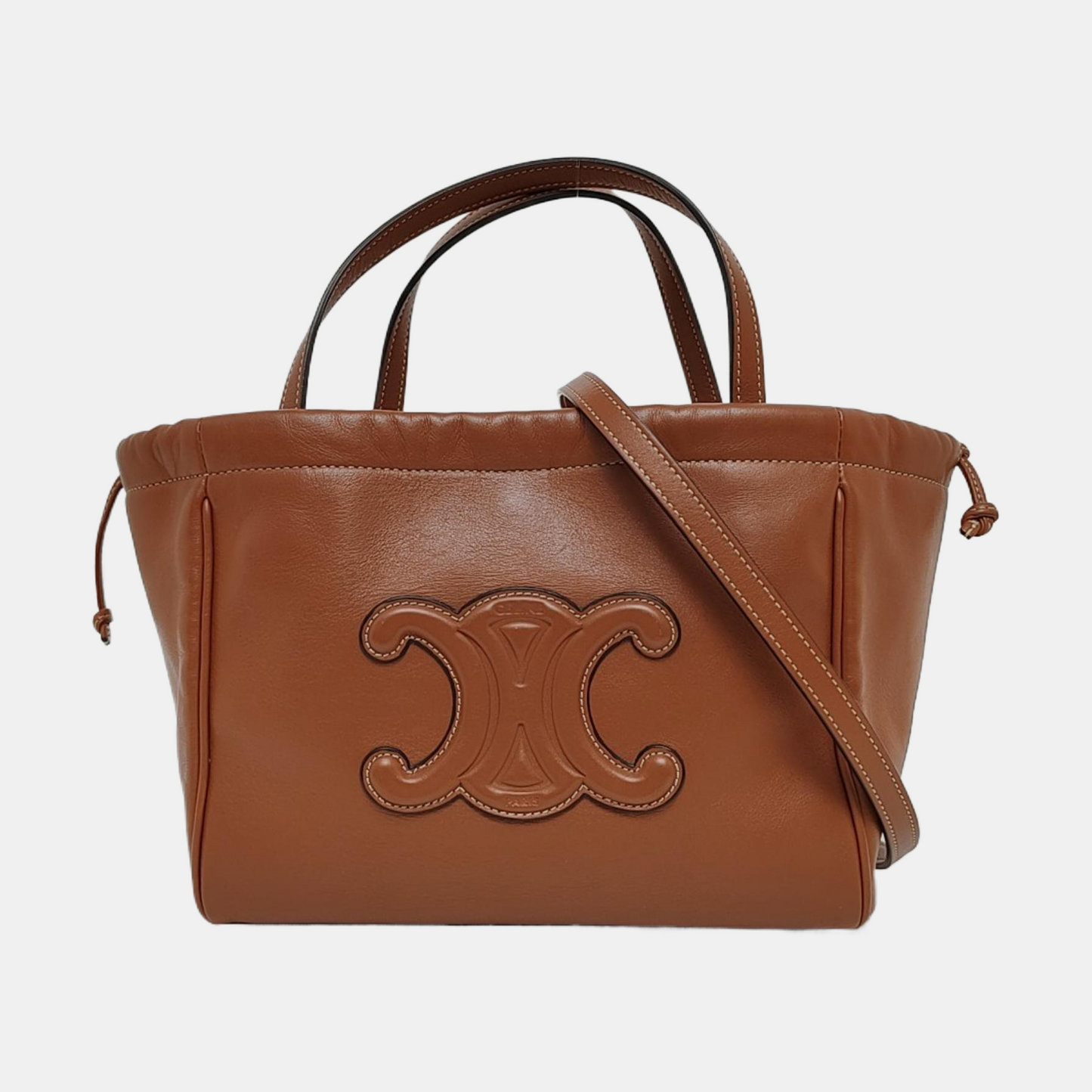 CELINE CABAS TRIOMPHE Brown Leather Quilted Shoulder Bag Tote Bag Crossbody Bag Gold Hardware Removable Strap-(SKU)-971128053