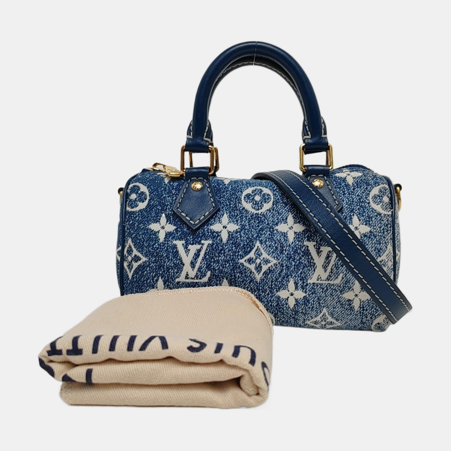 LOUIS VUITTON SPEEDY Nano Deep Blue Denim Monogram Boston Bag Shoulder Bag Tote Bag Crossbody Bag Gold Hardware Removable Strap-(SKU)-970980154