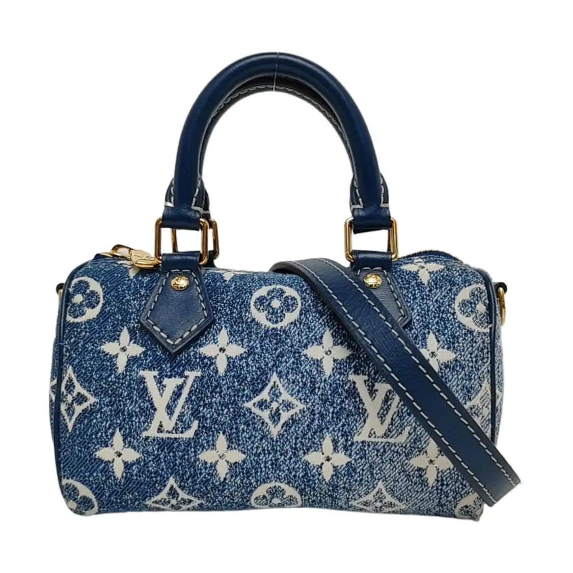 LOUIS VUITTON SPEEDY Nano Deep Blue Denim Monogram Boston Bag Shoulder Bag Tote Bag Crossbody Bag Gold Hardware Removable Strap-(SKU)-970980154