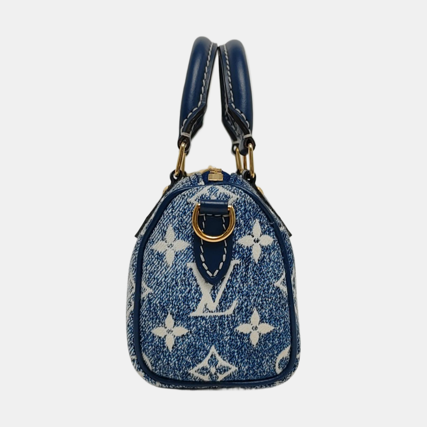 LOUIS VUITTON SPEEDY Nano Deep Blue Denim Monogram Boston Bag Shoulder Bag Tote Bag Crossbody Bag Gold Hardware Removable Strap-(SKU)-970980154