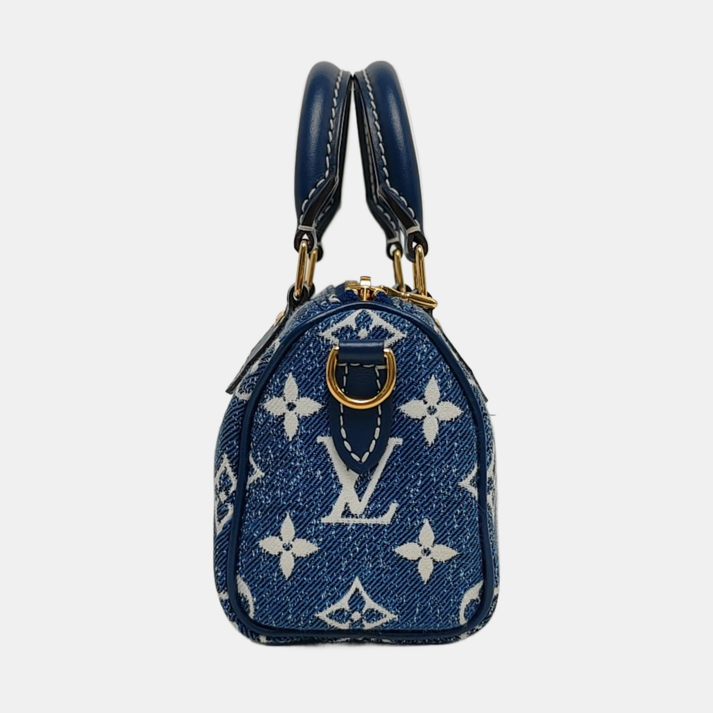 LOUIS VUITTON SPEEDY Nano Deep Blue Denim Monogram Boston Bag Shoulder Bag Tote Bag Crossbody Bag Gold Hardware Removable Strap-(SKU)-970980154