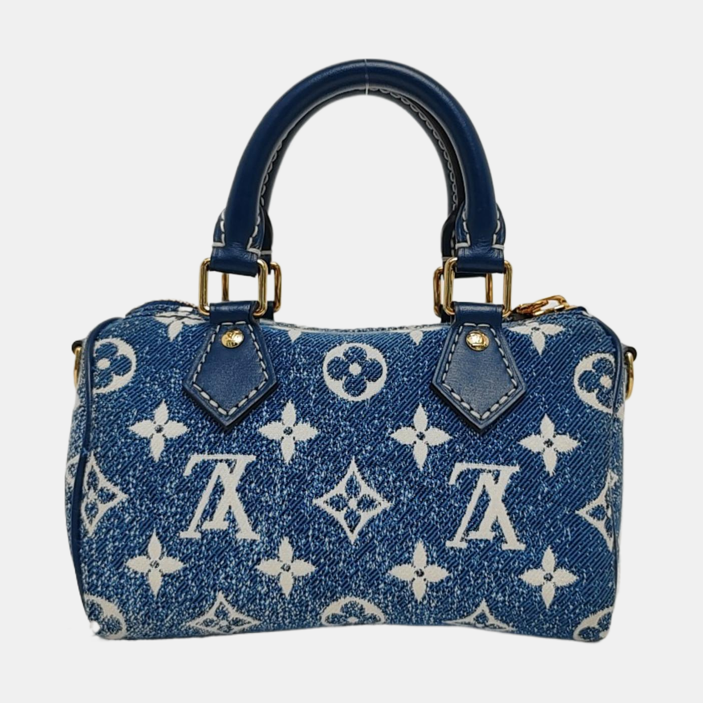 LOUIS VUITTON SPEEDY Nano Deep Blue Denim Monogram Boston Bag Shoulder Bag Tote Bag Crossbody Bag Gold Hardware Removable Strap-(SKU)-970980154