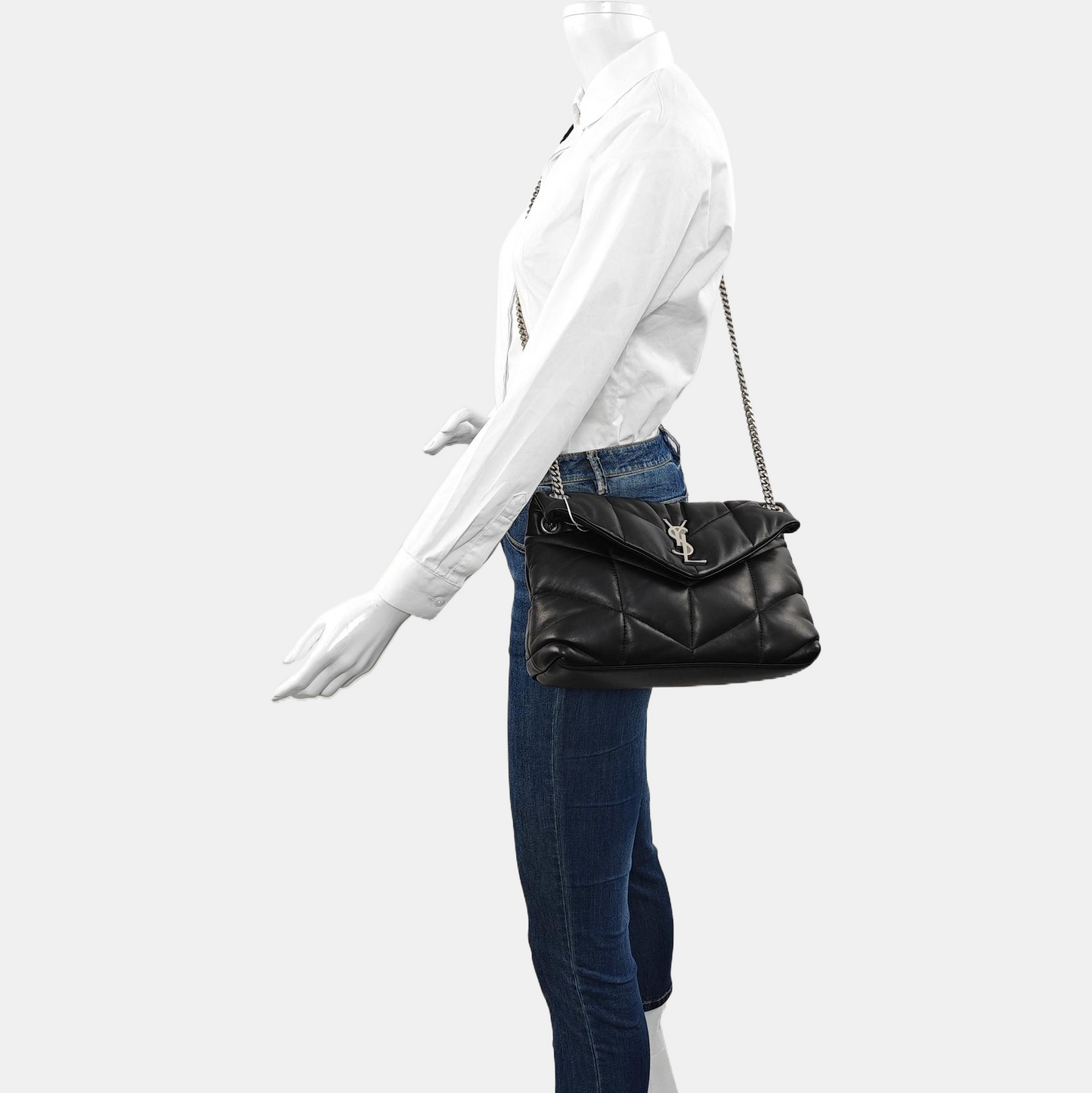 YSL PUFFER Mini Black Lamb Skin Quilted Envelope Bag, Crossbody and Shoulder Bag with Silver Hardware-(SKU)-971165723