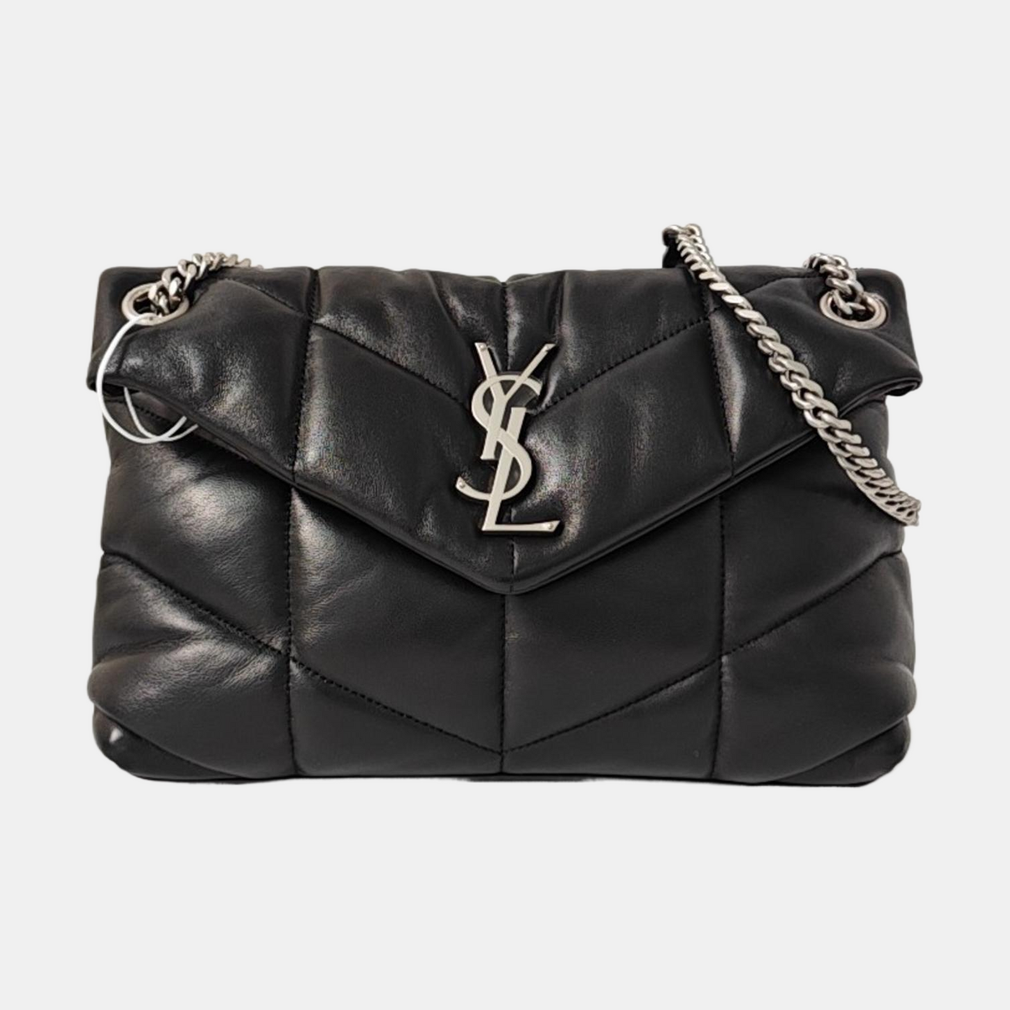 YSL PUFFER Mini Black Lamb Skin Quilted Envelope Bag, Crossbody and Shoulder Bag with Silver Hardware-(SKU)-971165723