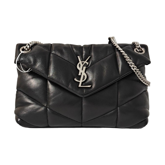 YSL PUFFER Mini Black Lamb Skin Quilted Envelope Bag, Crossbody and Shoulder Bag with Silver Hardware-(SKU)-971165723