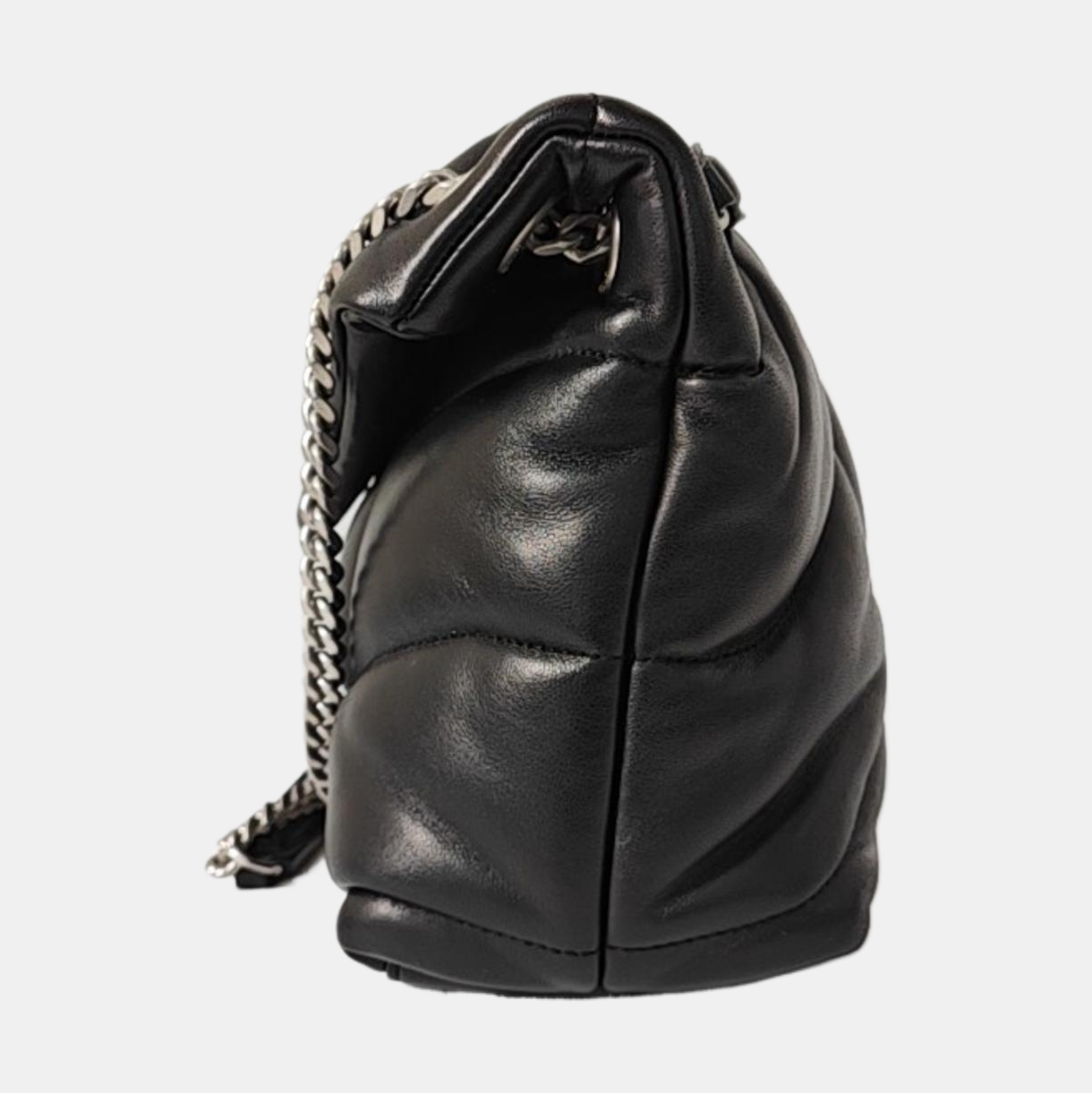 YSL PUFFER Mini Black Lamb Skin Quilted Envelope Bag, Crossbody and Shoulder Bag with Silver Hardware-(SKU)-971165723