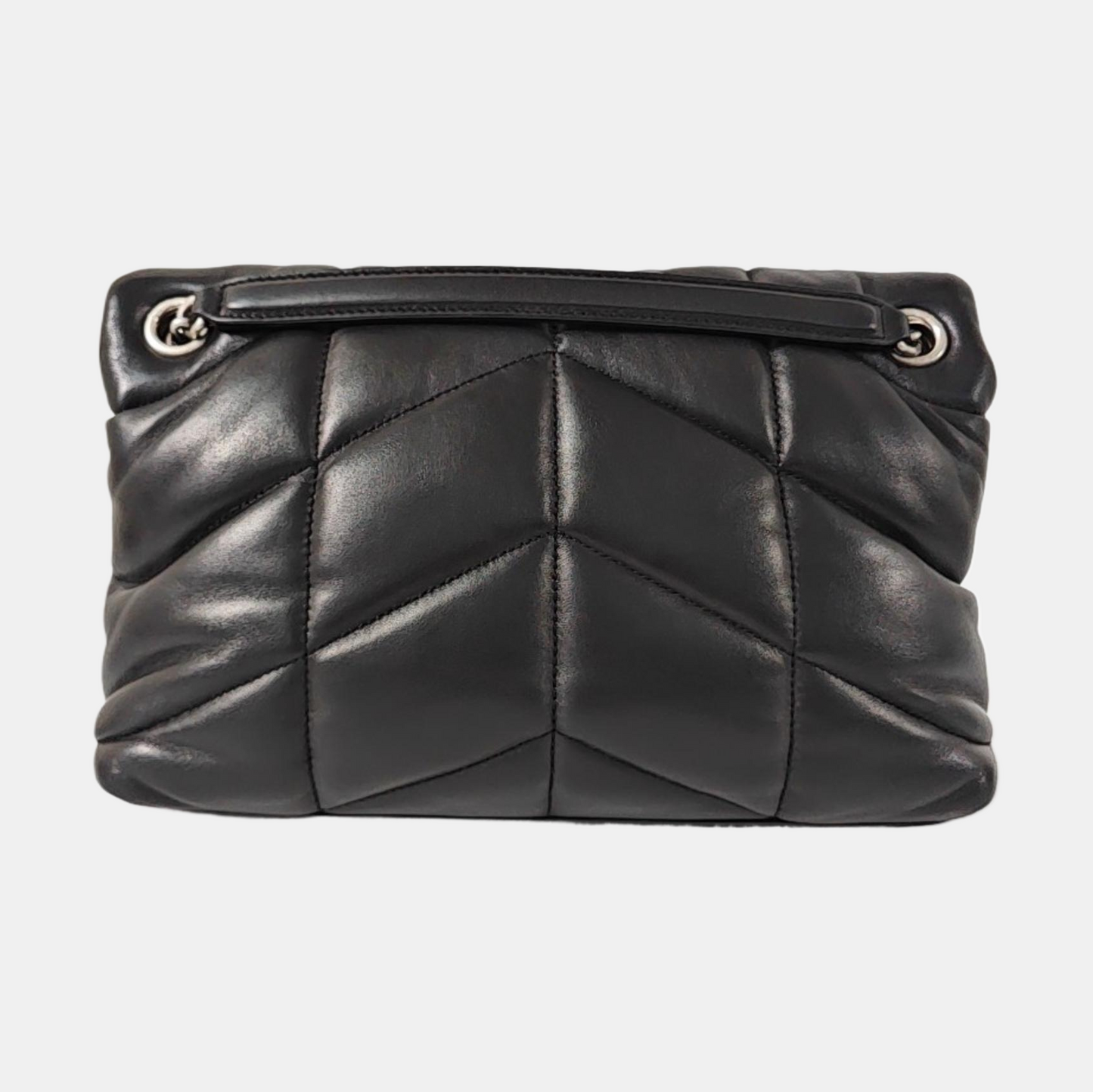 YSL PUFFER Mini Black Lamb Skin Quilted Envelope Bag, Crossbody and Shoulder Bag with Silver Hardware-(SKU)-971165723