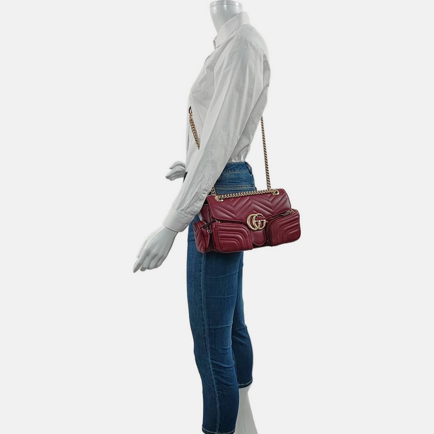 GUCCI GG Marmont Small Burgundy Calfskin Quilted Wave Pattern Crossbody Bag with Gold Hardware-(SKU)-971223206