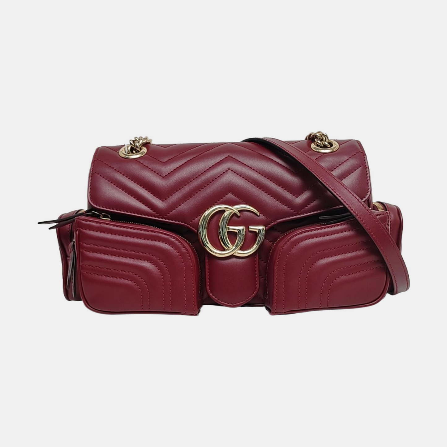 GUCCI GG Marmont Small Burgundy Calfskin Quilted Wave Pattern Crossbody Bag with Gold Hardware-(SKU)-971223206