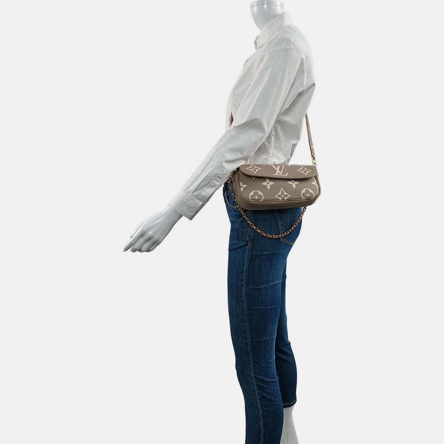 LOUIS VUITTON IVY Gray Calfskin Monogram Shoulder Bag Tote Crossbody Bag Gold Hardware 2 Removable Shoulder Straps-(SKU)-971268669