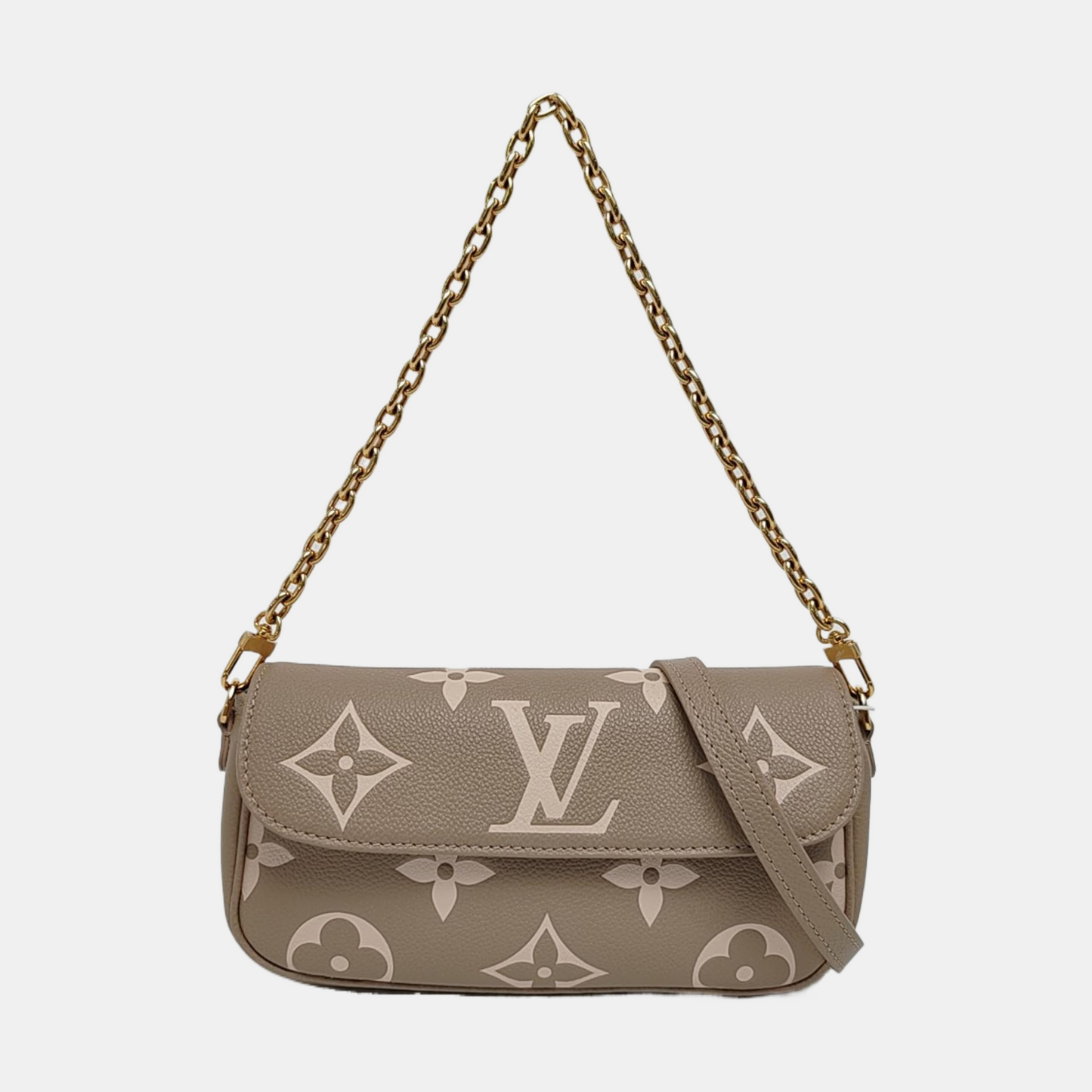 LOUIS VUITTON IVY Gray Calfskin Monogram Shoulder Bag Tote Crossbody Bag Gold Hardware 2 Removable Shoulder Straps-(SKU)-971268669