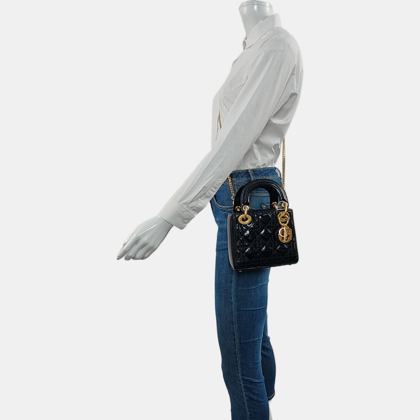 DIOR Lady Dior Mini Black Patent Lamb Skin Quilted Diagonal Bag, Shoulder Bag, Crossbody, Handle Bag with Detachable Strap, Golden Hardware-(SKU)-971167248