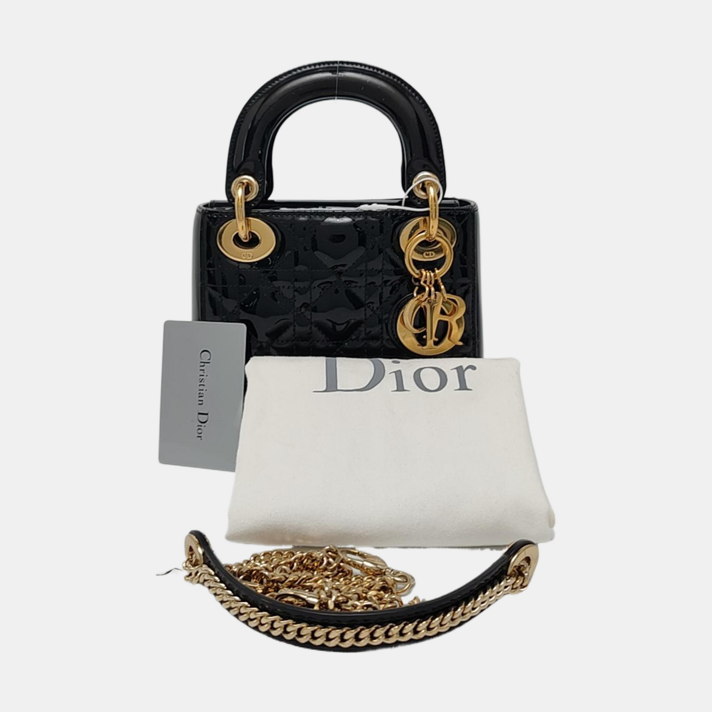 DIOR Lady Dior Mini Black Patent Lamb Skin Quilted Diagonal Bag, Shoulder Bag, Crossbody, Handle Bag with Detachable Strap, Golden Hardware-(SKU)-971167248