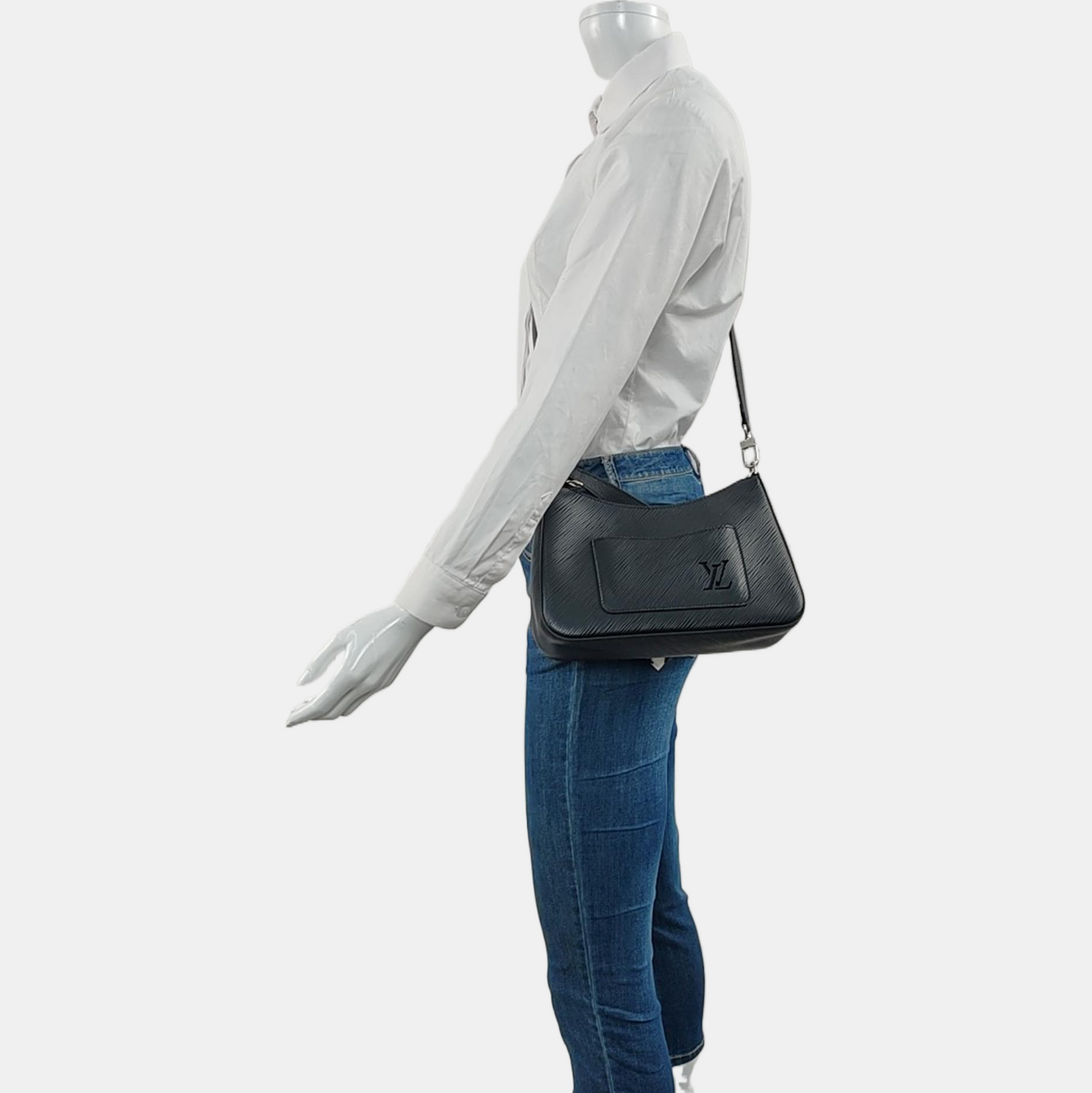 LOUIS VUITTON MARELLE Black EPI Leather Water Ripple Shoulder Bag with Shoulder Strap and Handle, Silver Hardware, Detachable Strap-(SKU)-933629695