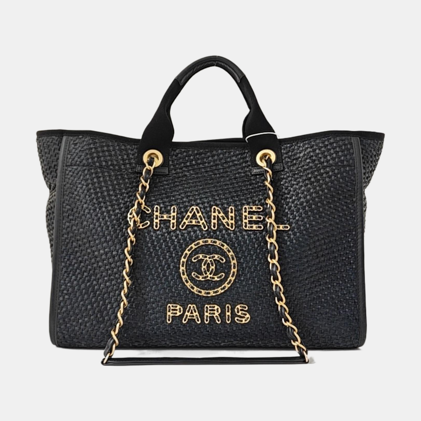 CHANEL DEAUVILLE large size black special material woven beach bag, shoulder bag, handbag with gold hardware and 31 chain links-(SKU)-971090385