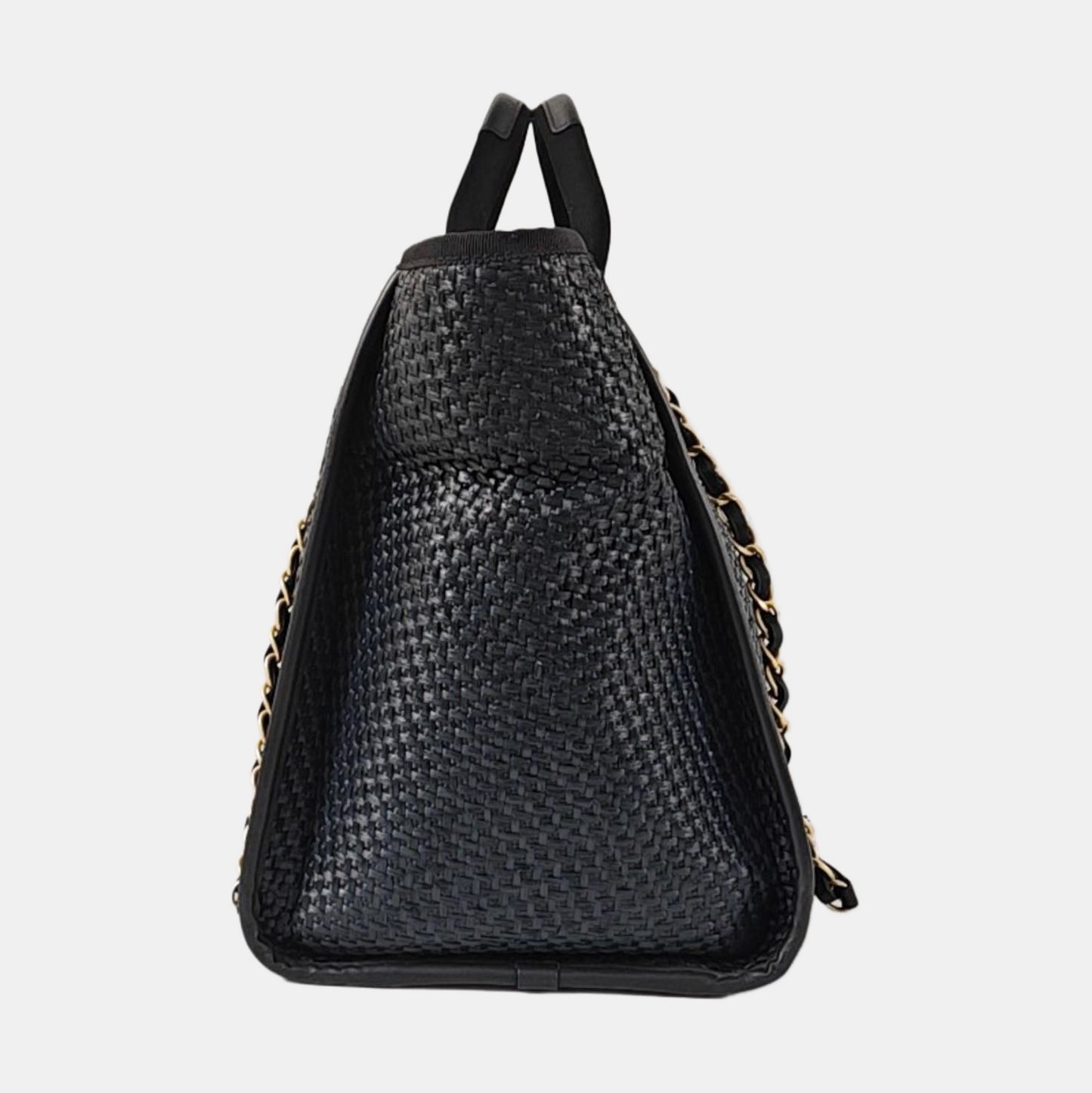 CHANEL DEAUVILLE large size black special material woven beach bag, shoulder bag, handbag with gold hardware and 31 chain links-(SKU)-971090385