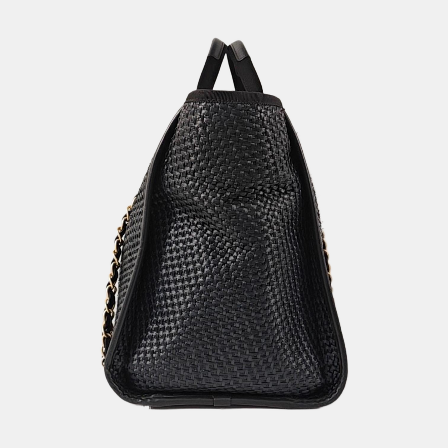 CHANEL DEAUVILLE large size black special material woven beach bag, shoulder bag, handbag with gold hardware and 31 chain links-(SKU)-971090385