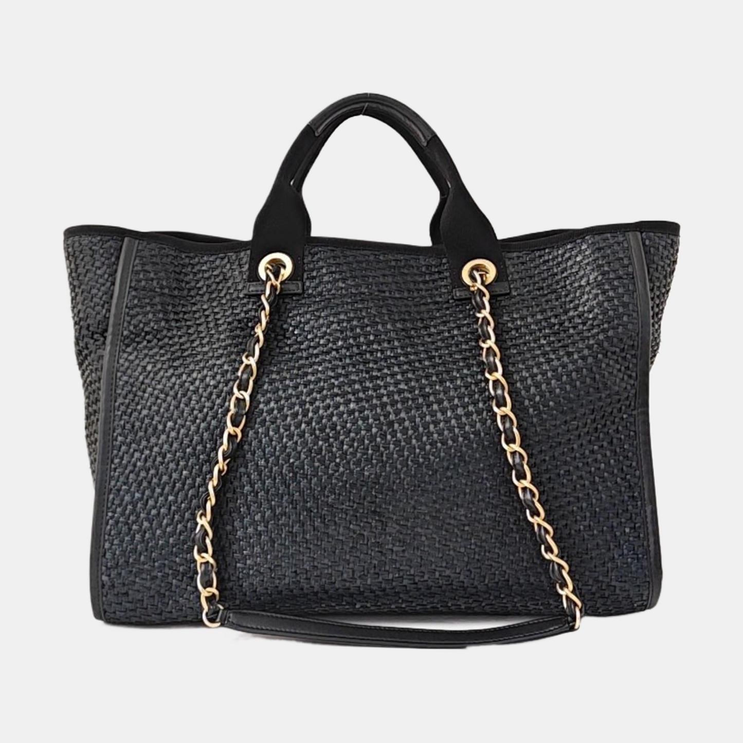 CHANEL DEAUVILLE large size black special material woven beach bag, shoulder bag, handbag with gold hardware and 31 chain links-(SKU)-971090385