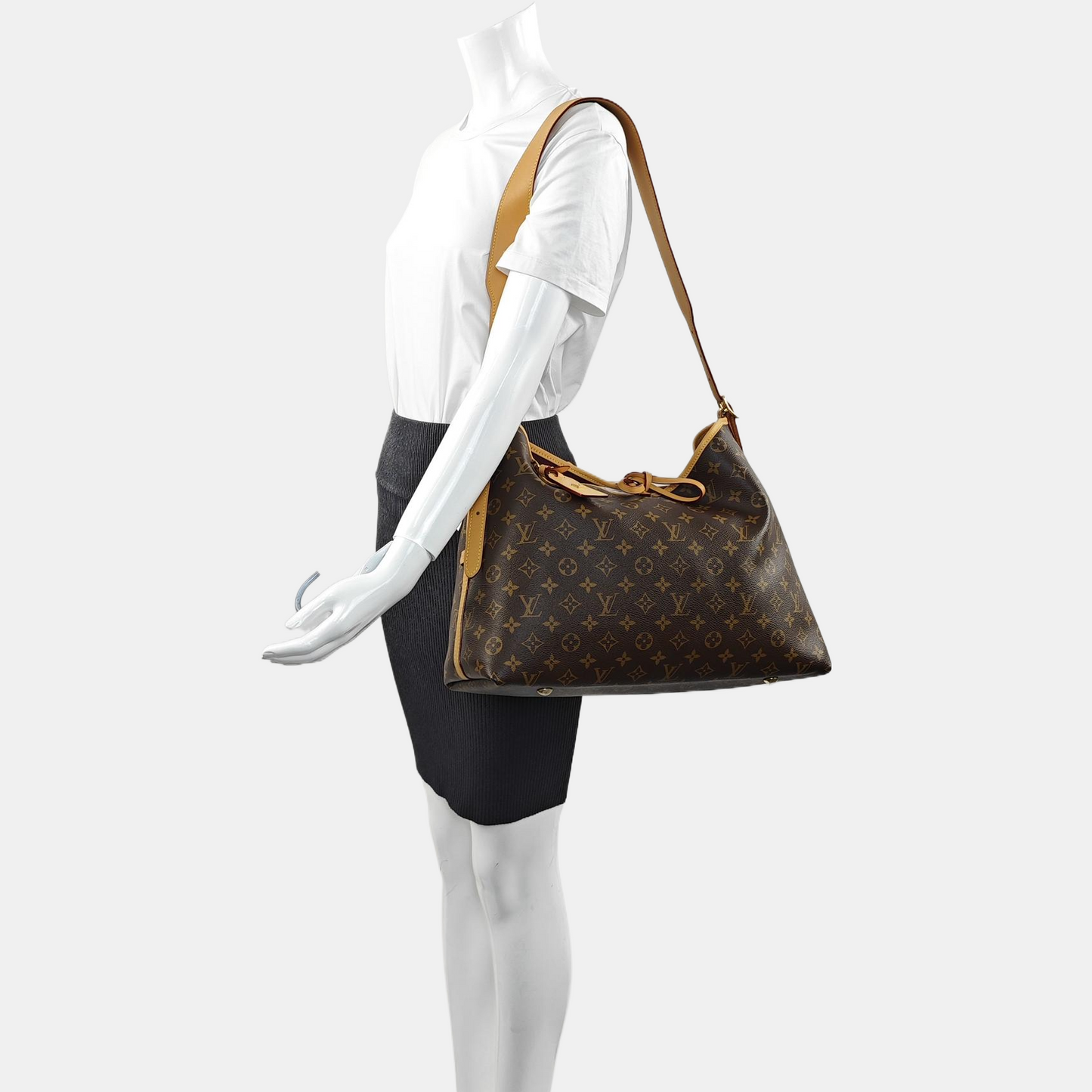 LOUIS VUITTON CARRYALL Medium Brown Coated Canvas Monogram Shoulder Bag Tote Bag Golden Hardware Removable Shoulder Strap-(SKU)-971157977