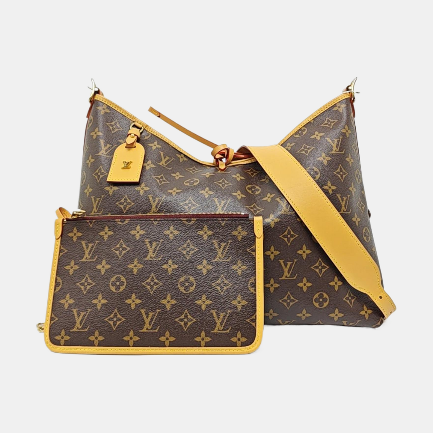 LOUIS VUITTON CARRYALL Medium Brown Coated Canvas Monogram Shoulder Bag Tote Bag Golden Hardware Removable Shoulder Strap-(SKU)-971157977