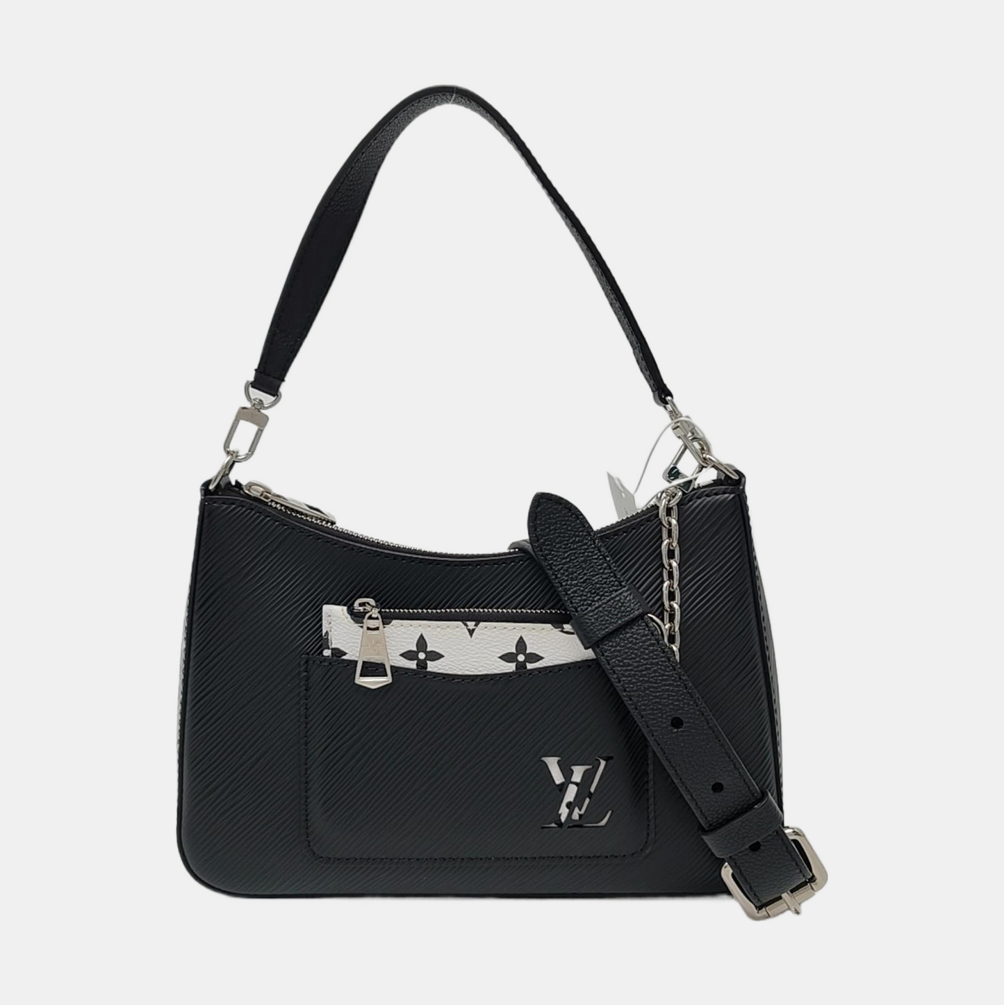LOUIS VUITTON MARELLE Black EPI Leather Water Ripple Shoulder Bag with Shoulder Strap and Handle, Silver Hardware, Detachable Strap-(SKU)-933629695