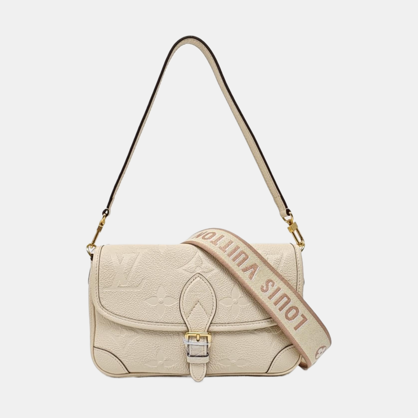 LOUIS VUITTON DIANE Beige Coated Canvas Monogram Crossbody Bag Handbag Shoulder Bag Detachable Strap Gold Hardware 2 Clasp-(SKU)-971247515