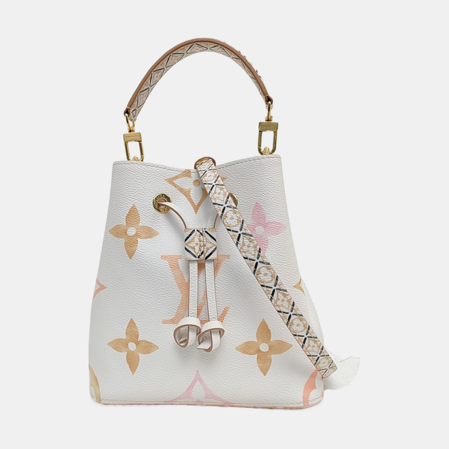 LOUIS VUITTON NÉONOÉ Small size white coated canvas monogram single shoulder bag handbag crossbody bag golden hardware 2 detachable shoulder straps-(SKU)-971271612