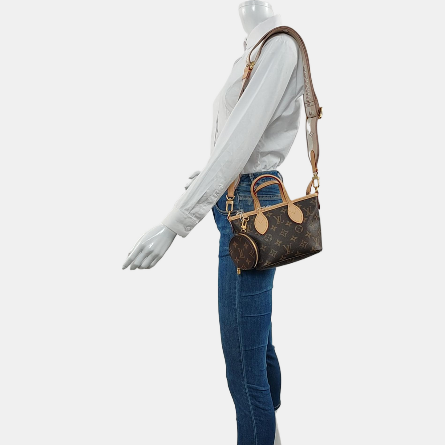 LOUIS VUITTON NEVERFULL BB Brown Coated Canvas Monogram Shoulder Bag Handbag Crossbody with Removable Strap Gold Hardware Detachable Pouch-(SKU)-971157811