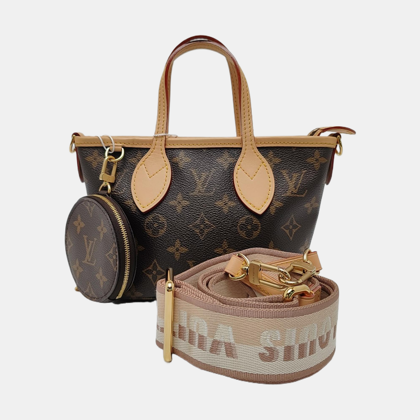 LOUIS VUITTON NEVERFULL BB Brown Coated Canvas Monogram Shoulder Bag Handbag Crossbody with Removable Strap Gold Hardware Detachable Pouch-(SKU)-971157811