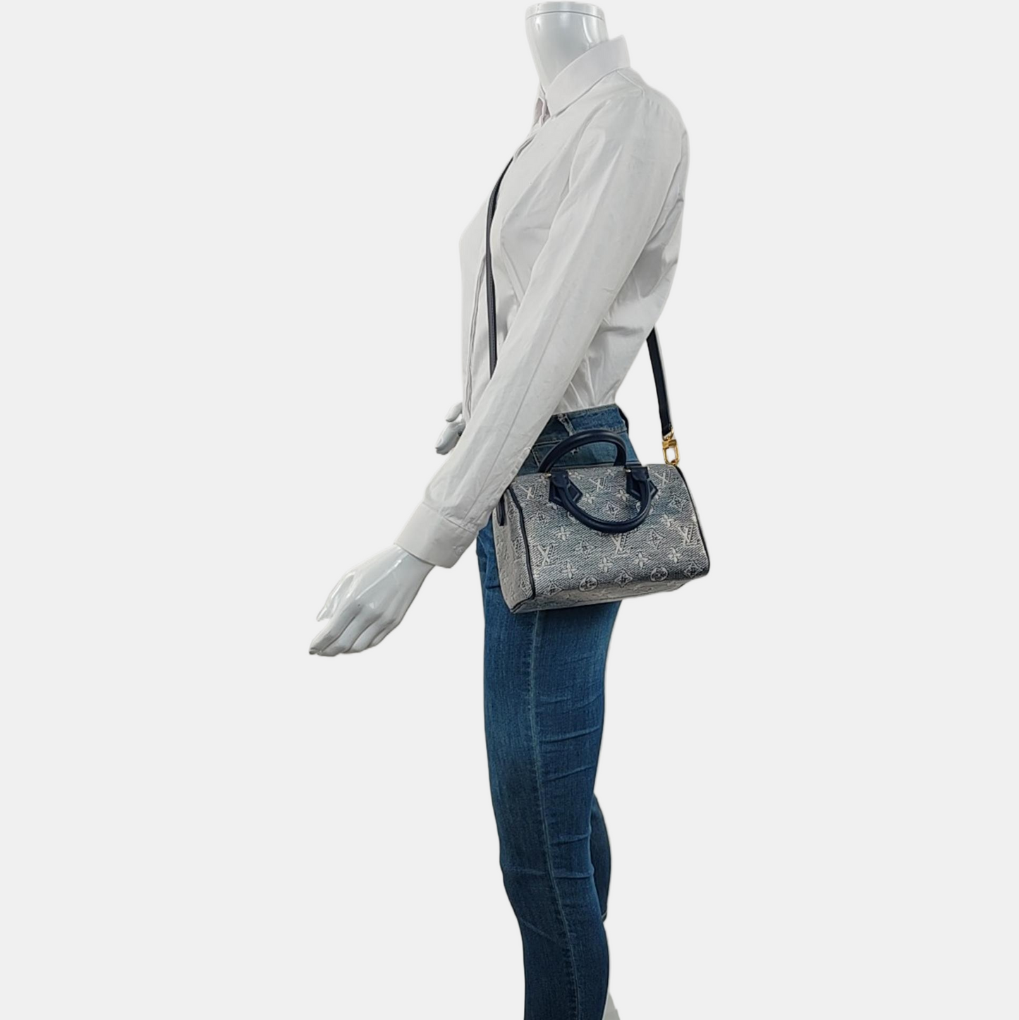 LOUIS VUITTON SPEEDY 20 Light Blue Special Material Monogram Embossed Boston Bag Crossbody Bag Shoulder Bag Tote Bag Adjustable Strap Golden Hardware Removable Strap-(SKU)-952606460