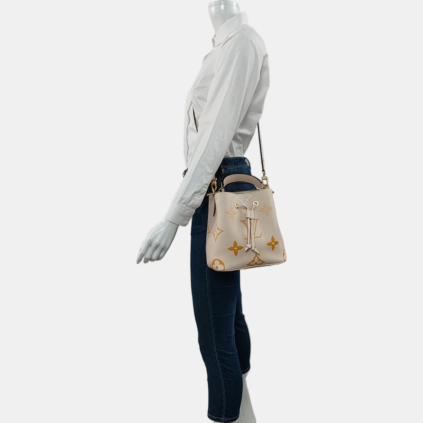 LOUIS VUITTON NÉONOÉ BB Beige Calfskin Monogram Embossed Bucket Bag Crossbody Bag Shoulder Bag Tote Bag Gold Hardware 2 Removable Straps-(SKU)-969076231